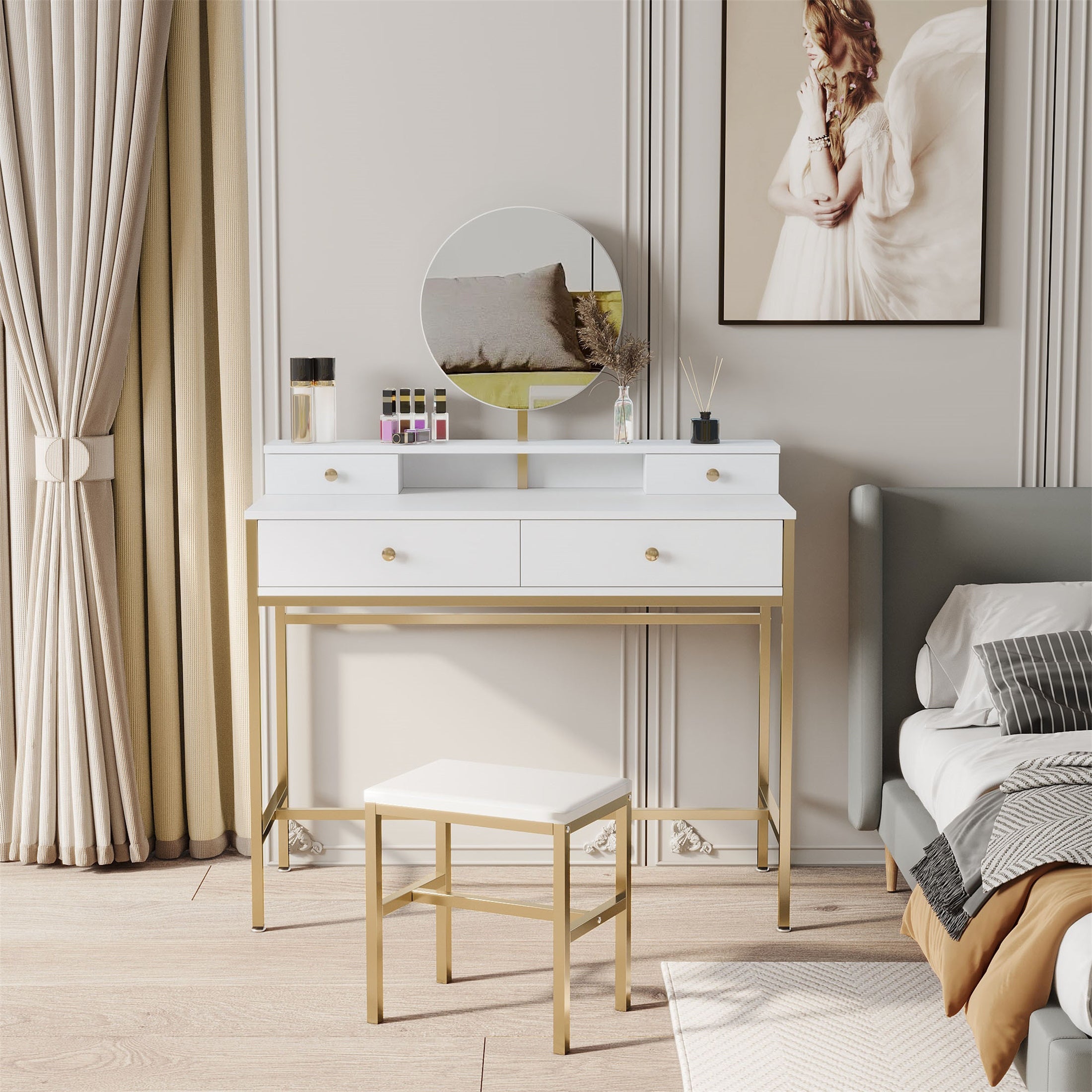 White Modern Simple Vanity Stool Large Round Mirror Storage Space - - 37235700 - Mycitystee