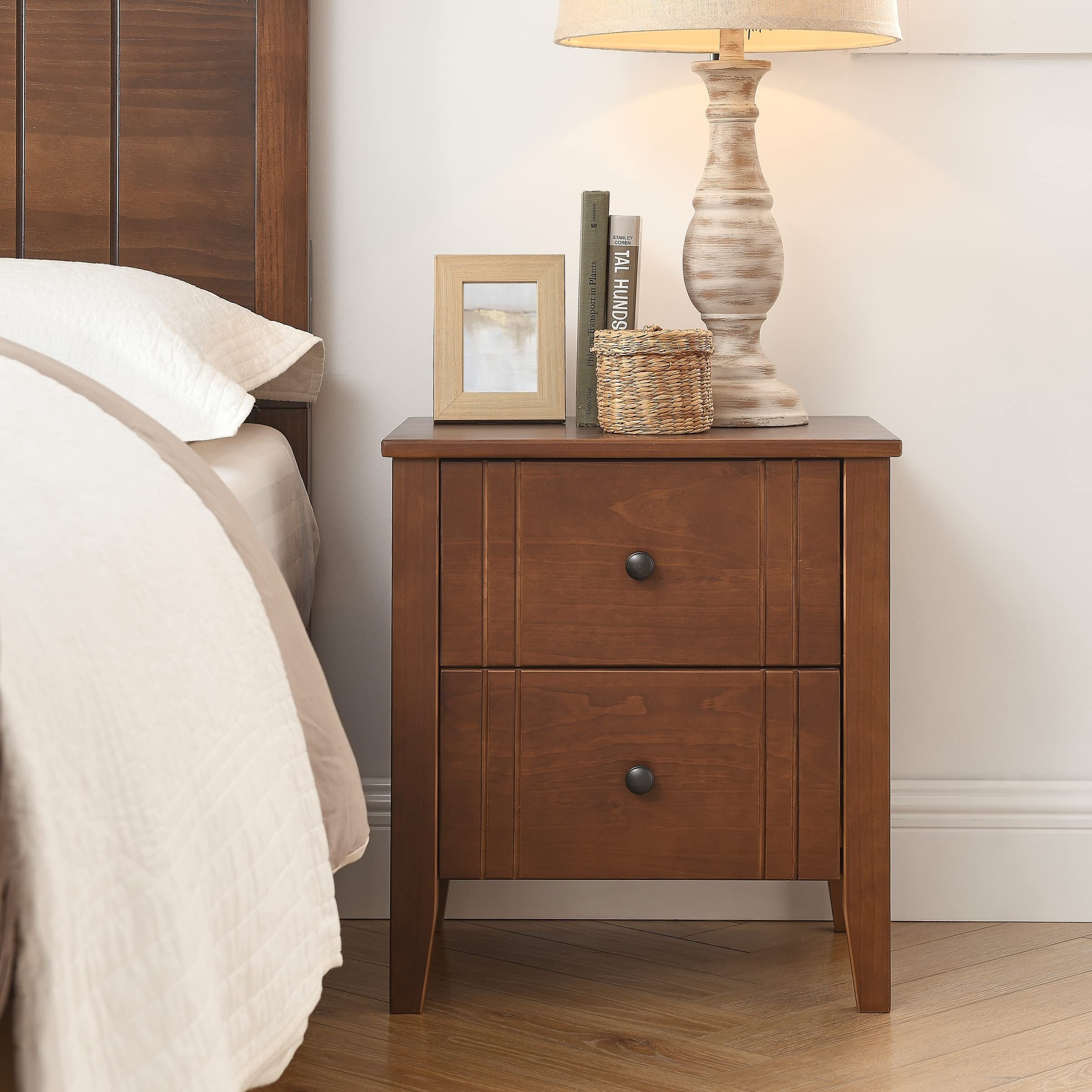 Mid Century Solid Wood Nightstand with Two Drawers for Bedroom or End Table for Living Room - as picture - Mycitystee