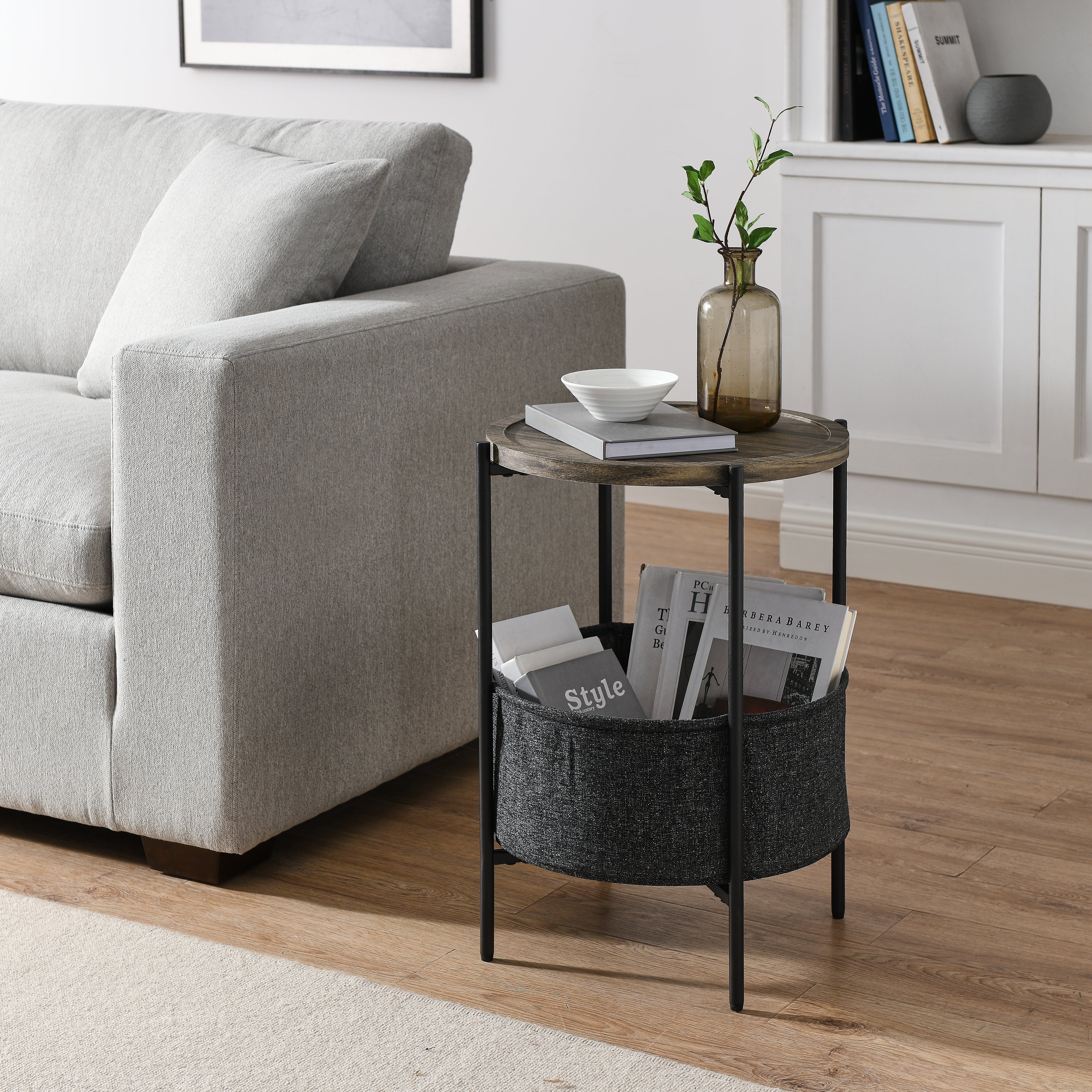 Modern Accent End Table with Storage Basket，Grey Cloth Bag and Brown Top - Mycitystee