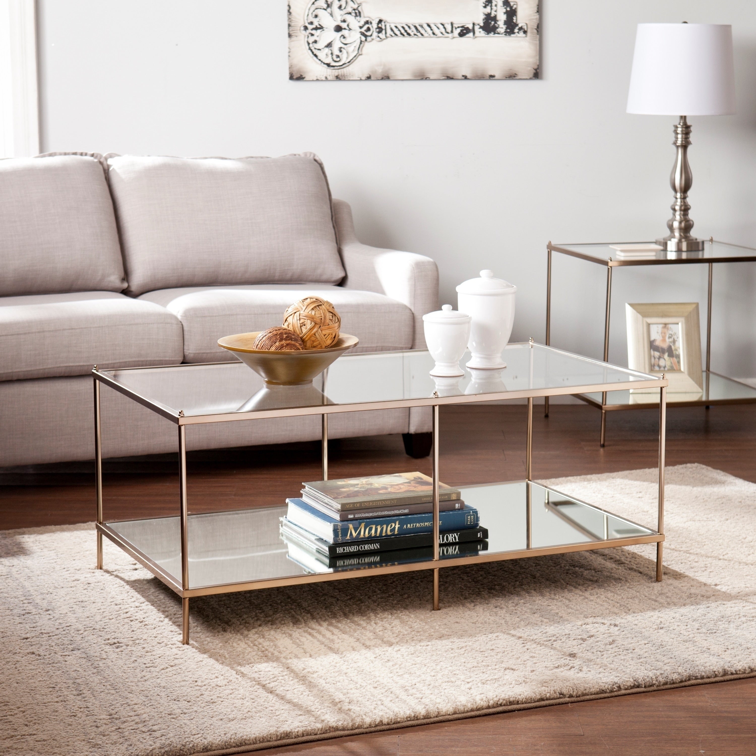 SEI Furniture Grant Goldtone Glass Top Coffee Table - Mycitystee