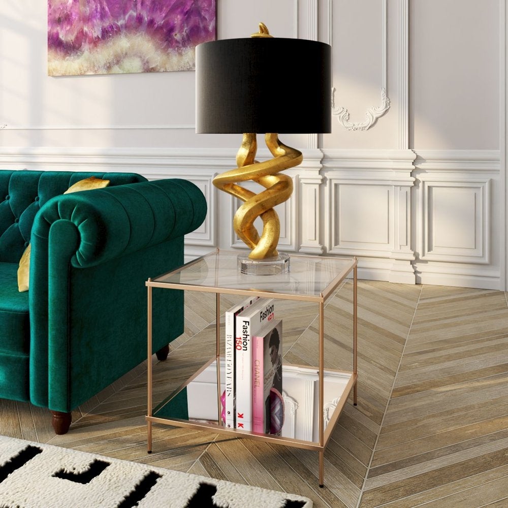 Kreamer Metal and Glass Mirrored End Table， Gold - Mycitystee