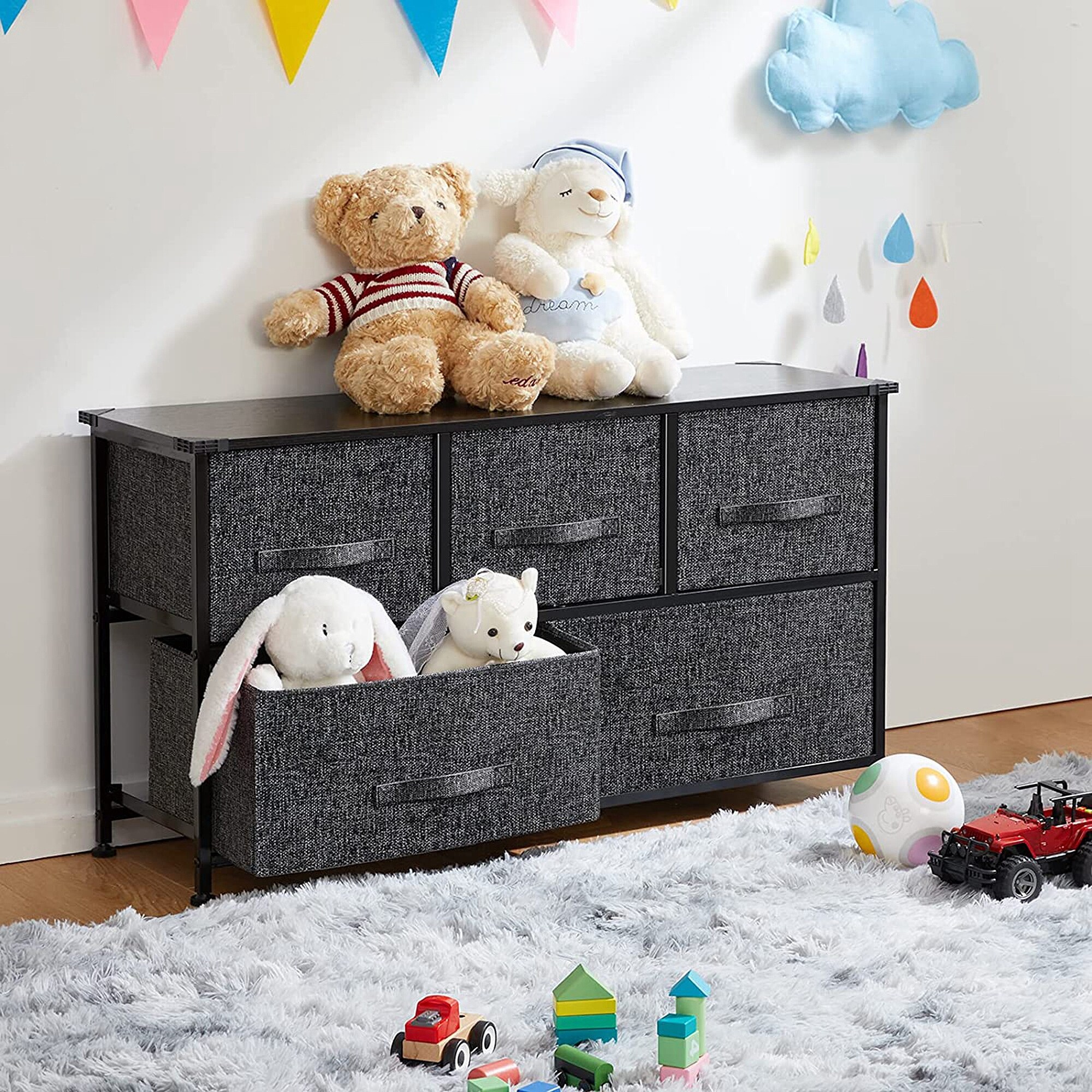 5 Drawers Fabric Dresser， Wide Storage Tower， Organizer Unit with Wood Top - - 37475717 - Mycitystee