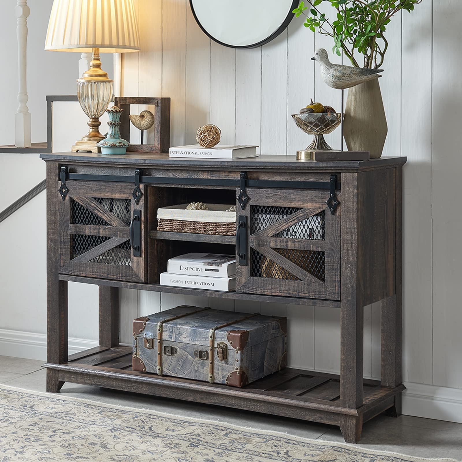 Entryway Table w/Sliding Barn Doors， 46'' Farmhouse and Industrial Console Table with Storage - as picture - Mycitystee