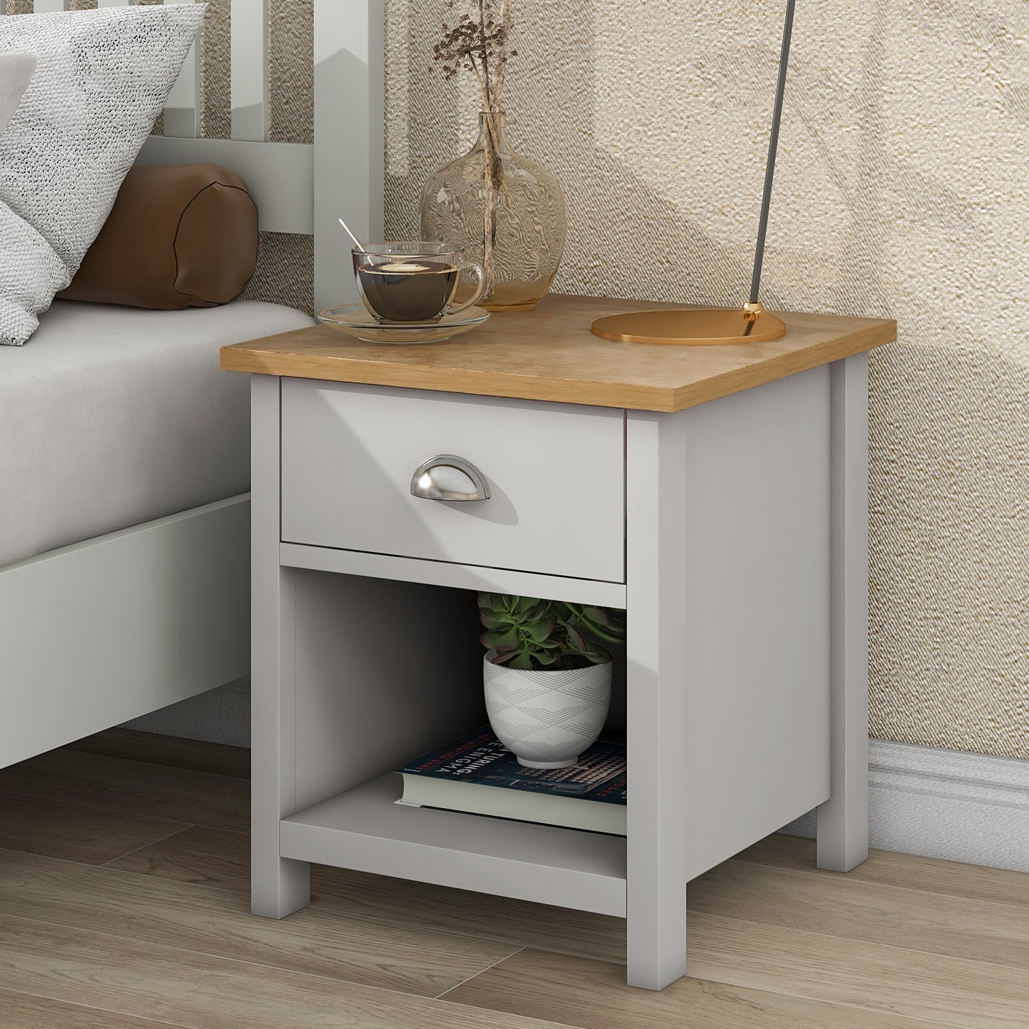 Oak Wooden Gray Solid 1-Drawer Nightstand Side Table - Mycitystee