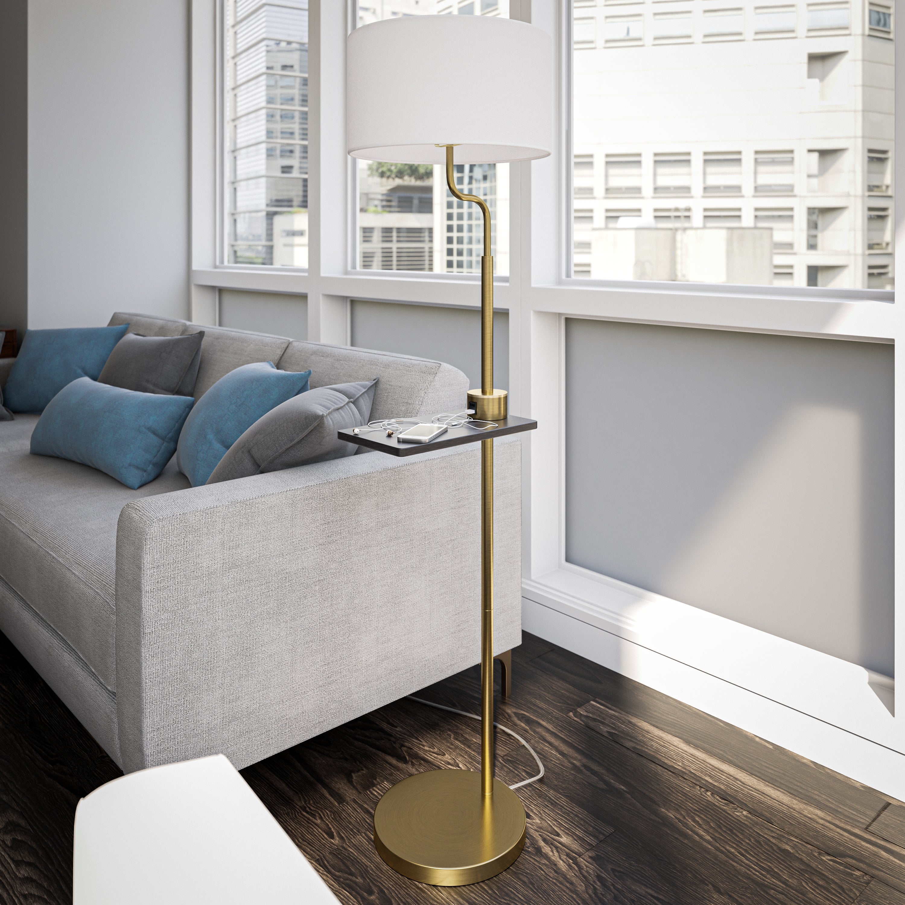 Brice Antique Brass and Walnut Wood Grain USB Floor Lamp with Tray - 16