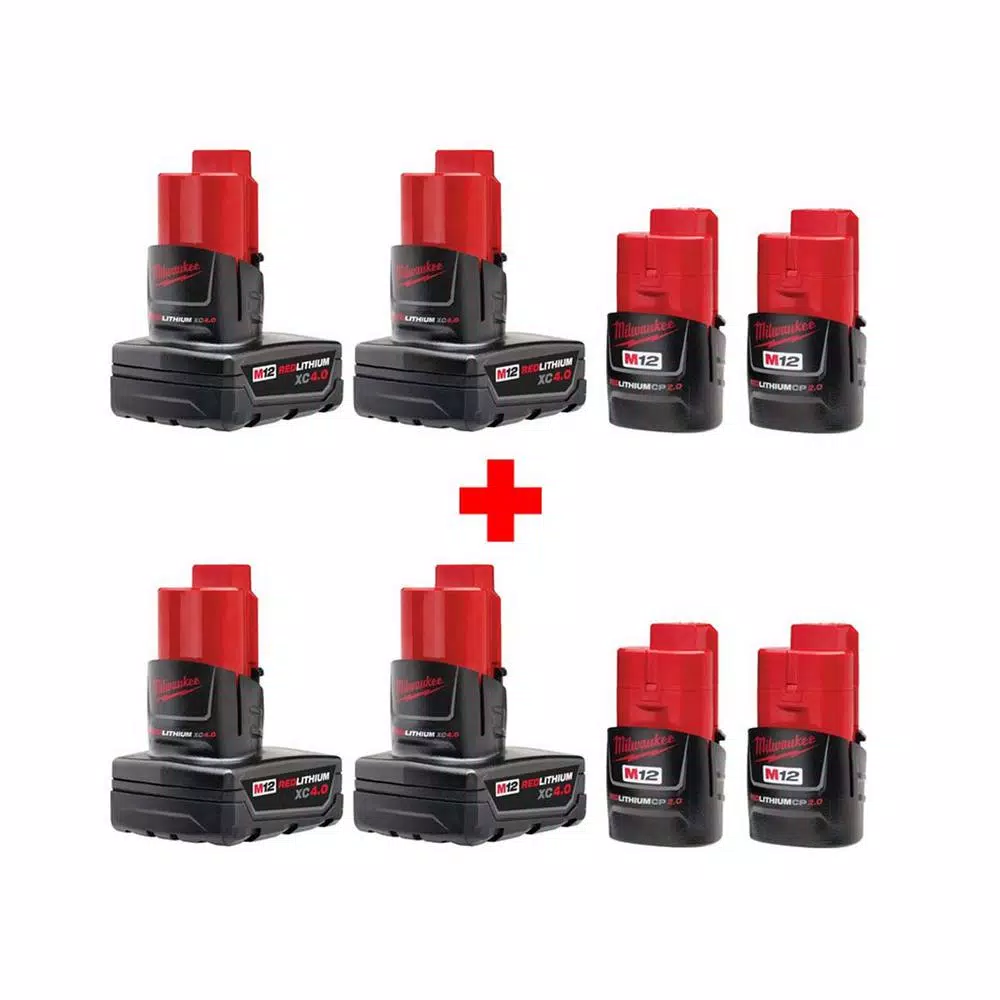 Milwaukee M12 12-Volt Lithium-Ion Compact and Extended Capacity Battery Combo with Four 2.0 Ah and Four 4.0 Ah Batteries and#8211; XDC Depot - Mycitystee