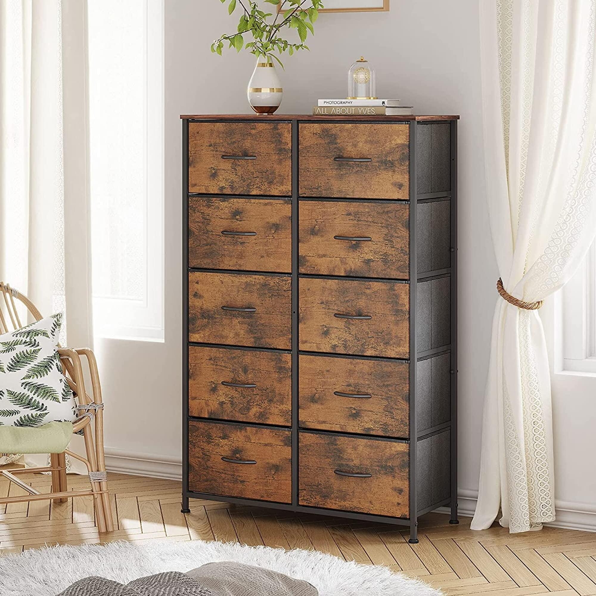Rustic Brown Tall Dresser with 10 Foldable Drawers - - 36833514 - Mycitystee