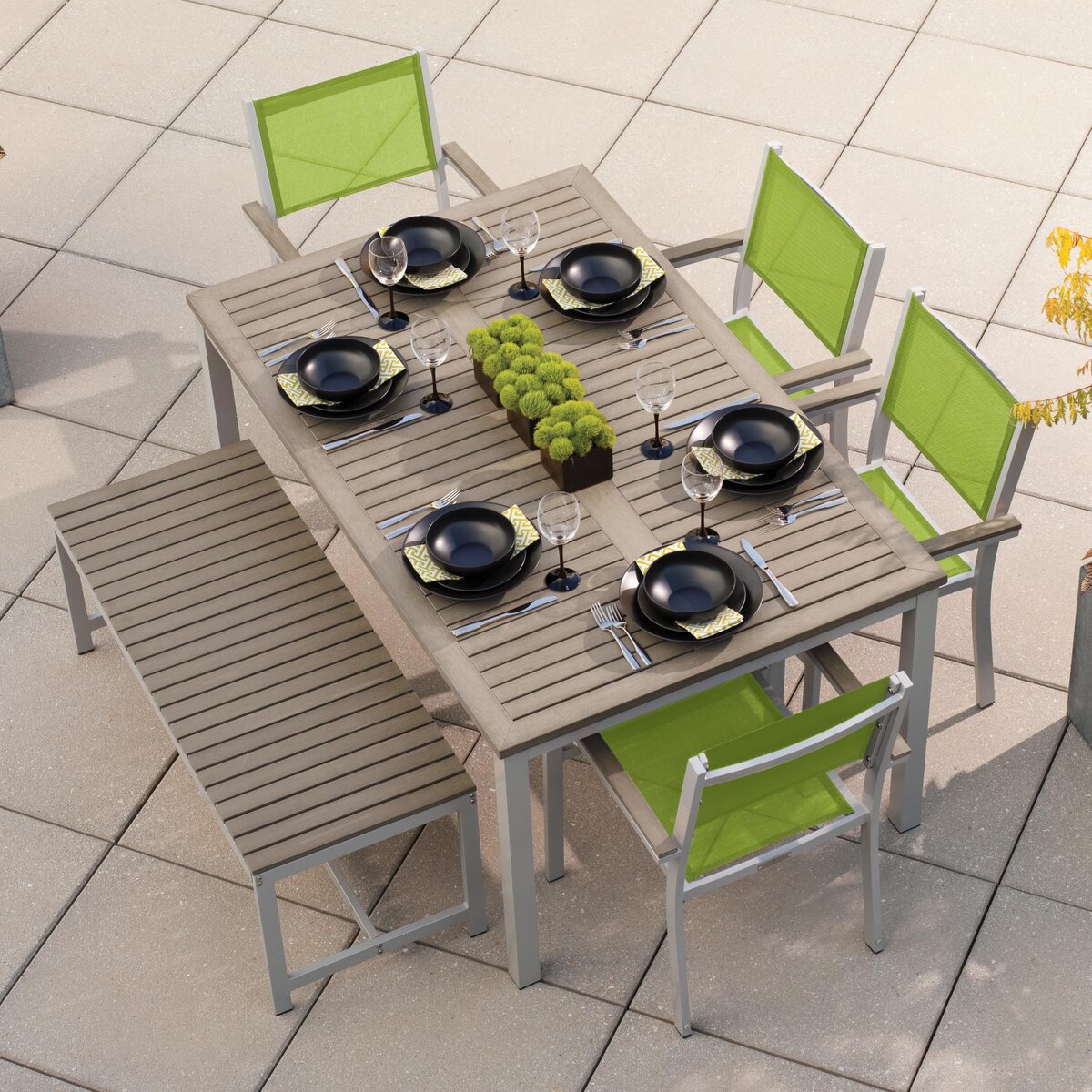 Oxford Garden Travira 6 Piece Flint Aluminum Patio Dining Set W/ Go Green Sling Armchairs， 63-Inch Rectangular Vintage Tekwood Table and Backless Benc - Mycitystee