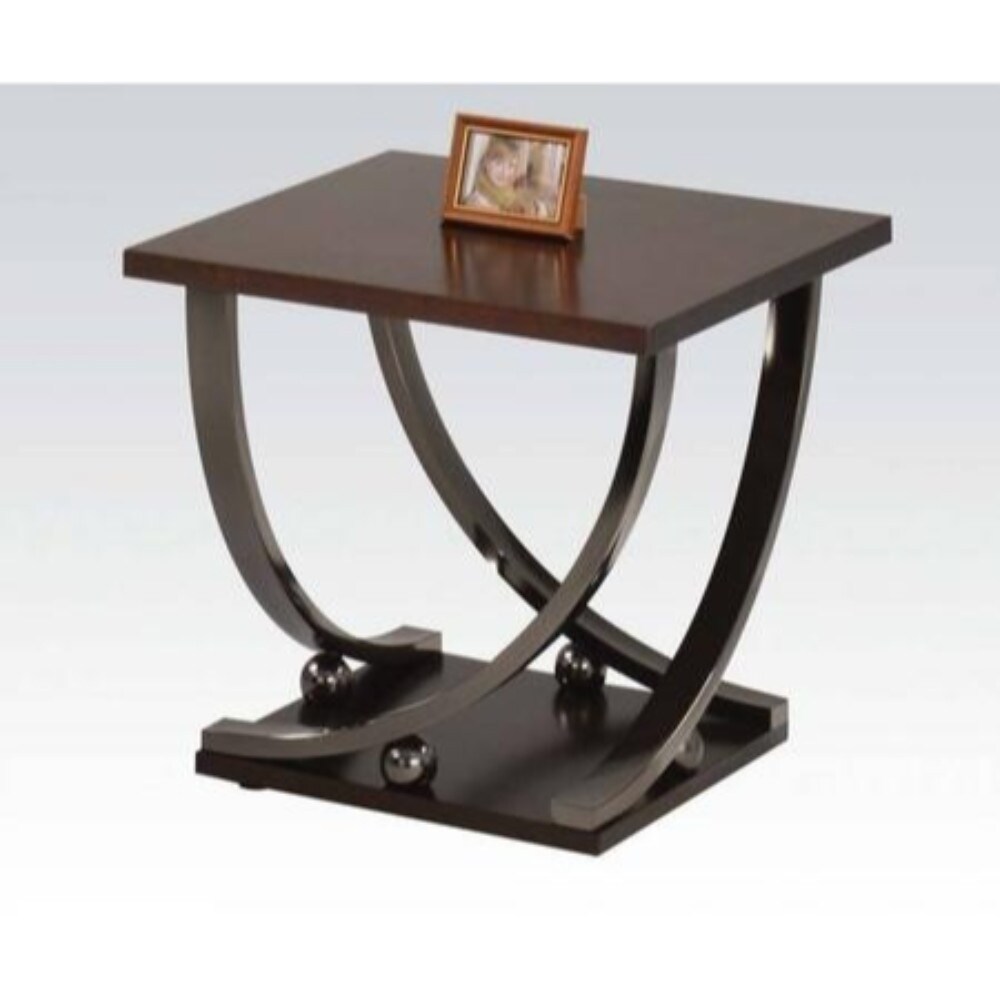 Wood and Metal End Table with Sweeping Legs， Dark Walnut Brown and Black - Mycitystee