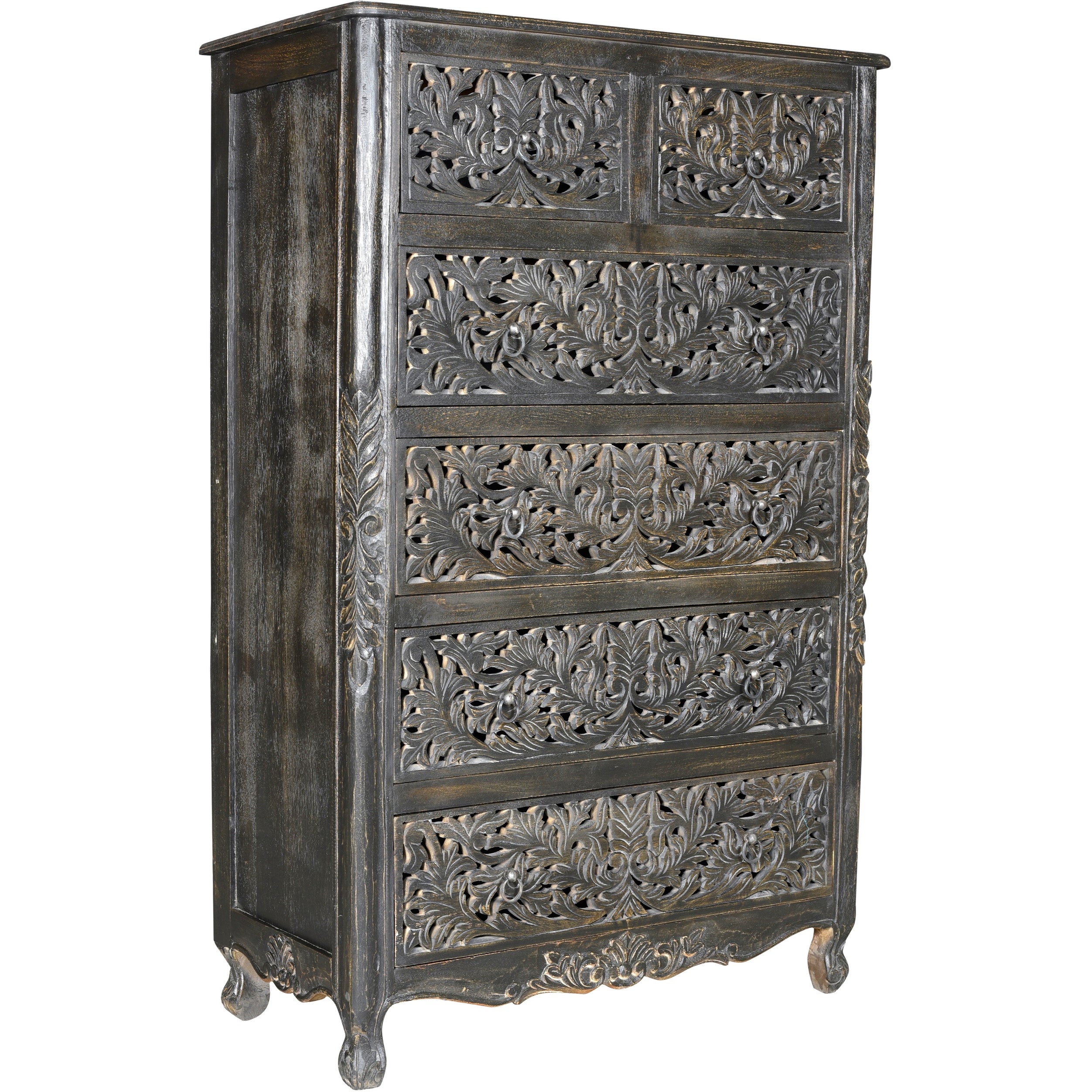 Florence Floral Carved Wood 6-Drawer Chest in Antique Black - - 30580753 - Mycitystee