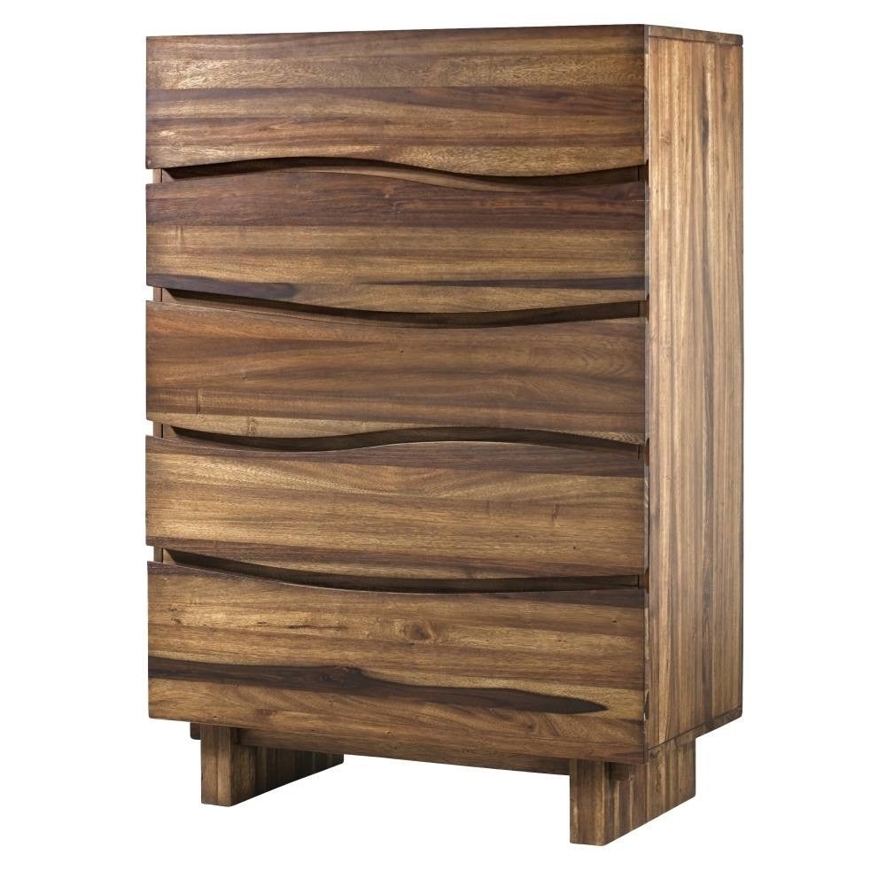 Wave Front Five Drawers Wooden Chest with Hidden Drawer Pull， Natural Brown - - 30636534 - Mycitystee