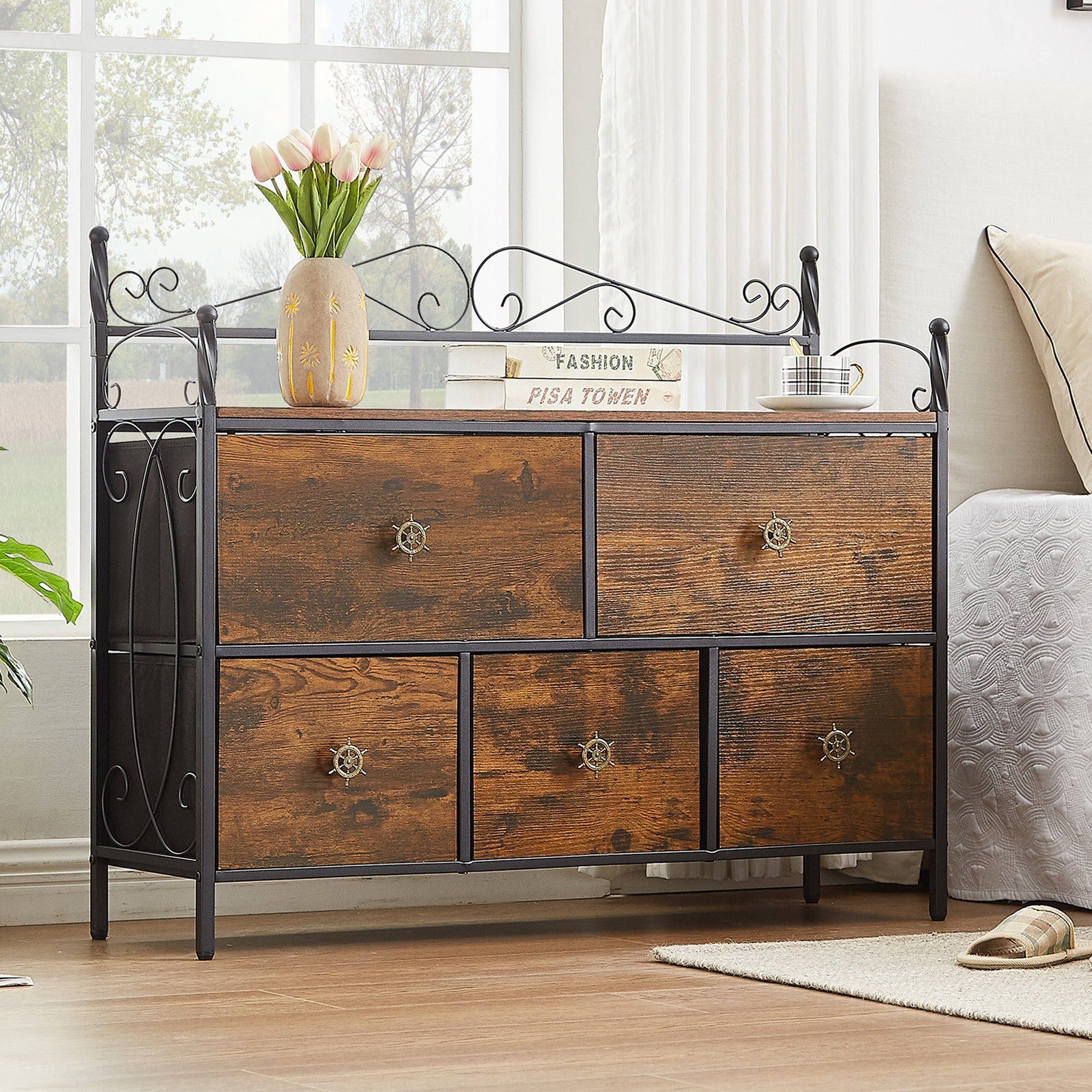 Wide Dresser / TV Stand With Space-saving 5 Drawers Dresser By Bedroom，Brown Grey - - 37218911 - Mycitystee