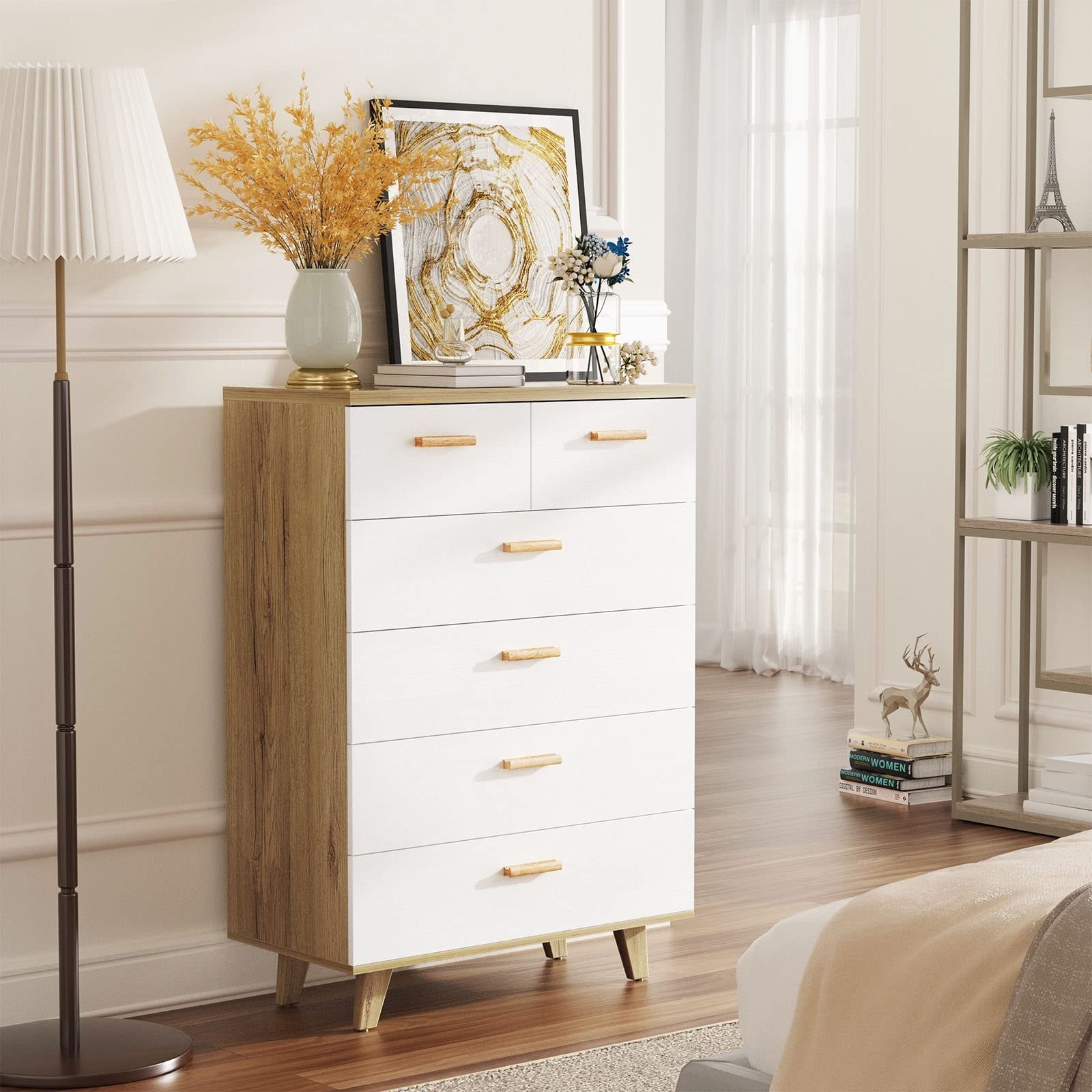 White Modern Dresser for Bedroom， 6 Drawers Wood Tall Dresser Chest of Drawers for Entryway， Hallway， Living Room - as picture - - 37668757 - Mycitystee