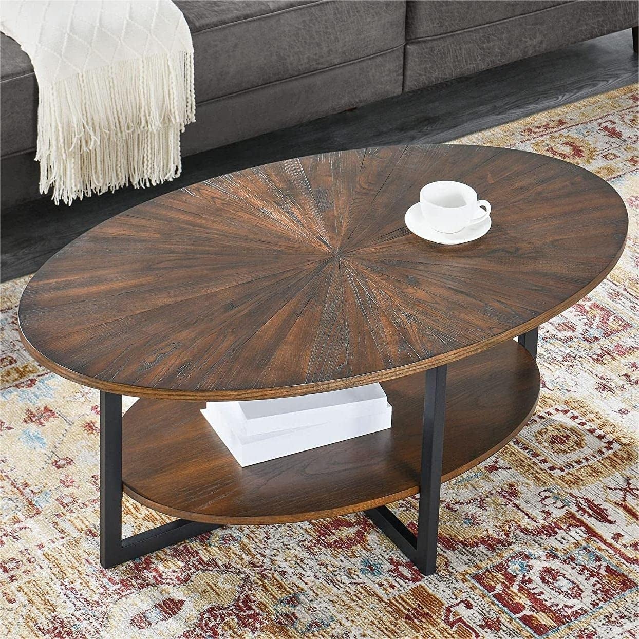 Solid Wood Oval Coffee Table with Cross Metal Legs - Mycitystee