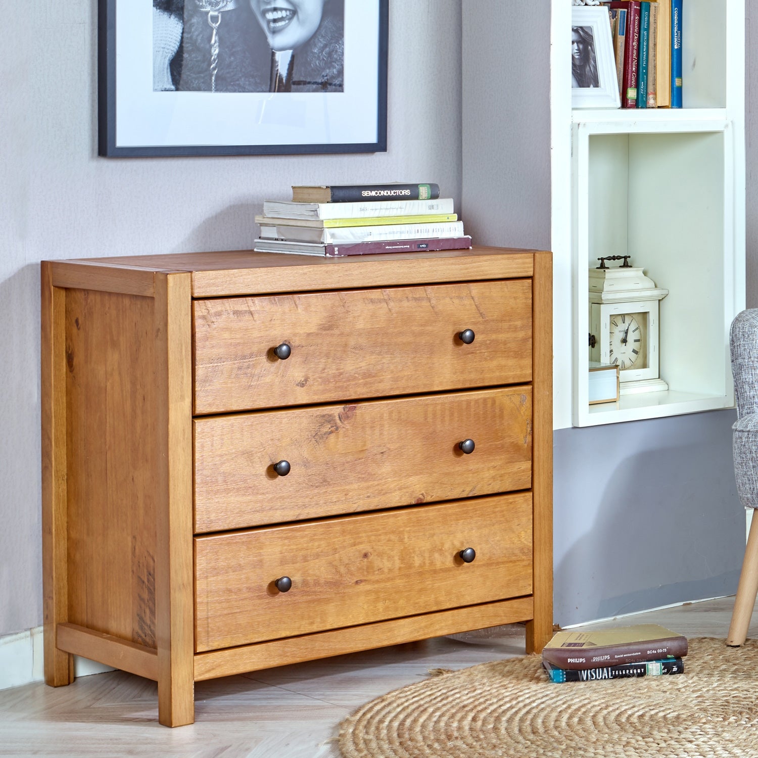 MUSEHOMEINC Solid Wood Dresser / Night Stand with 3-Drawer Storage for Your Bedroom，Round Metal knobs - - 36240059 - Mycitystee