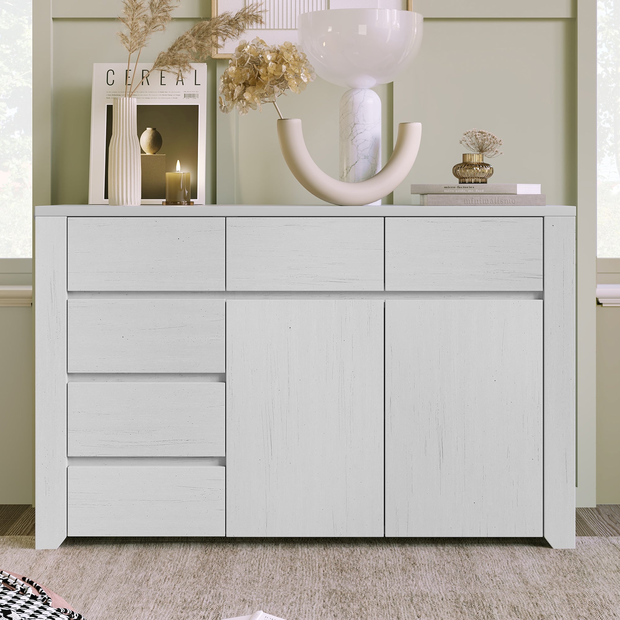 Off White Wood Dresser with 6 Drawers and Two Doors - - 36484329 - Mycitystee