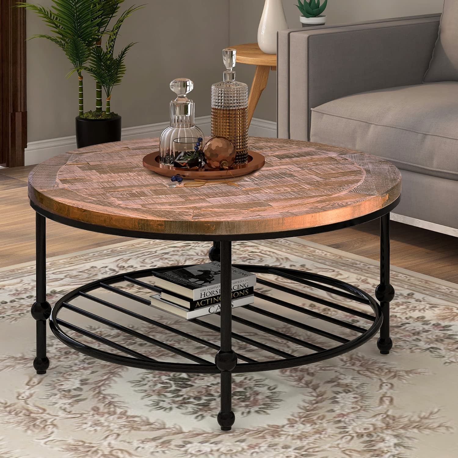Rustic Natural Round Coffee Table Wood Tabletop and Metal Leg 2 Tier Coffee Table with Storage Shelf for Living Room - Mycitystee