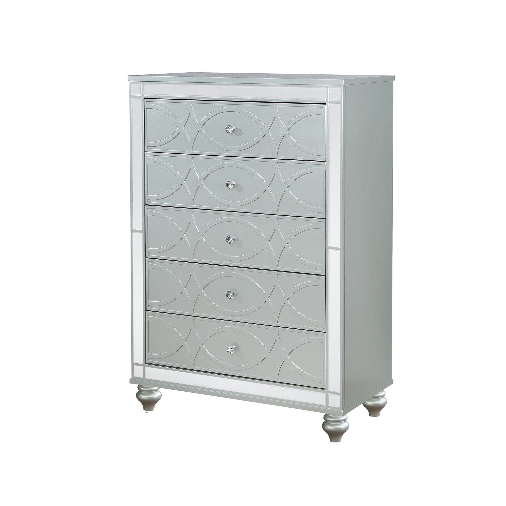 Gina 52 Inch Glam Tall Dresser Chest， 5 Drawers Round Crystal Knobs， Silver - - 36155391 - Mycitystee
