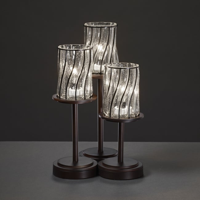Justice Design Wire Glass Dakota 3-light Dark Bronze Table Lamp， Swirl with Clear Bubbles Cylinder - Flat Rim Shade - Mycitystee
