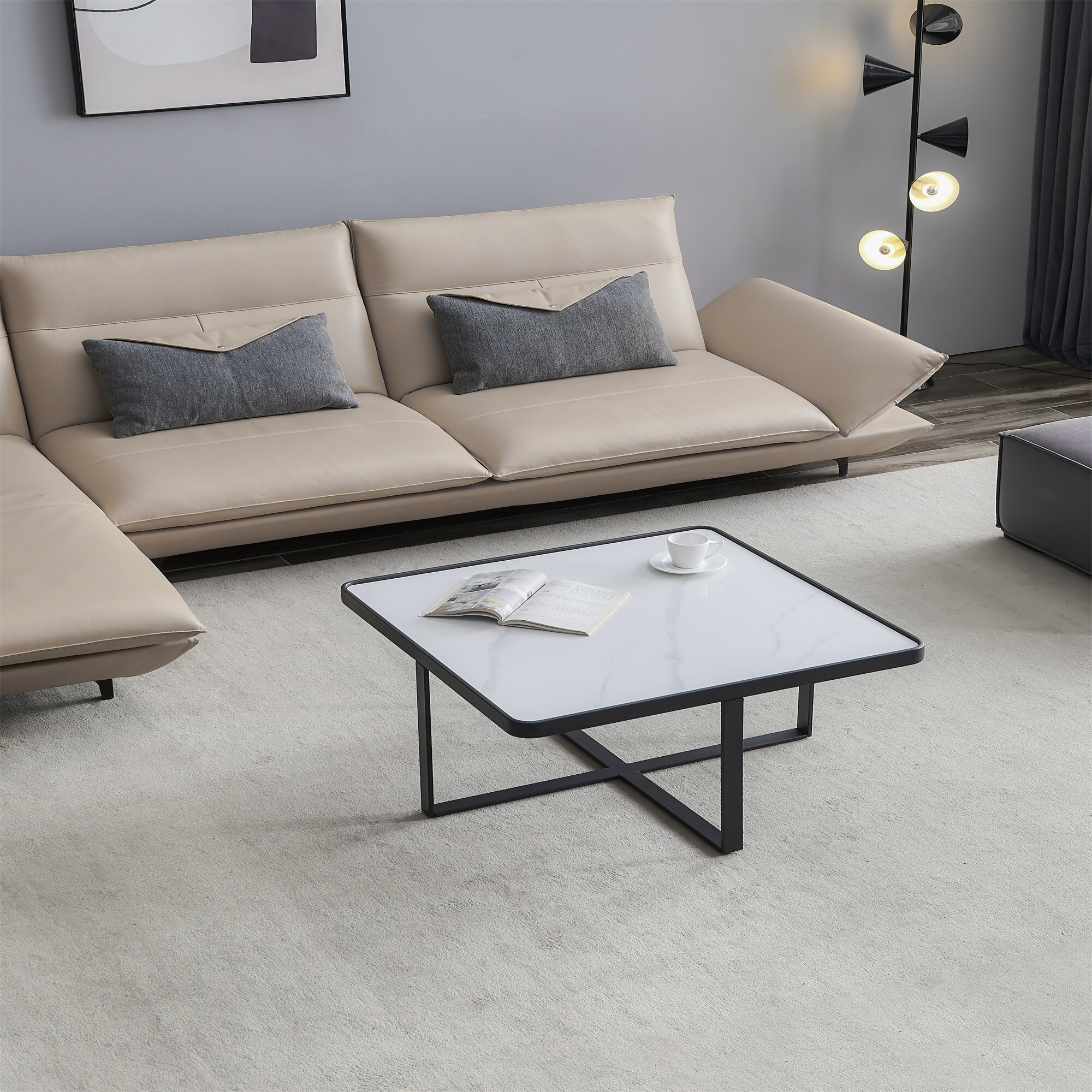 Minimalism Square Coffee Table in Black Metal Frame with Sintered Stone Tabletop - Mycitystee