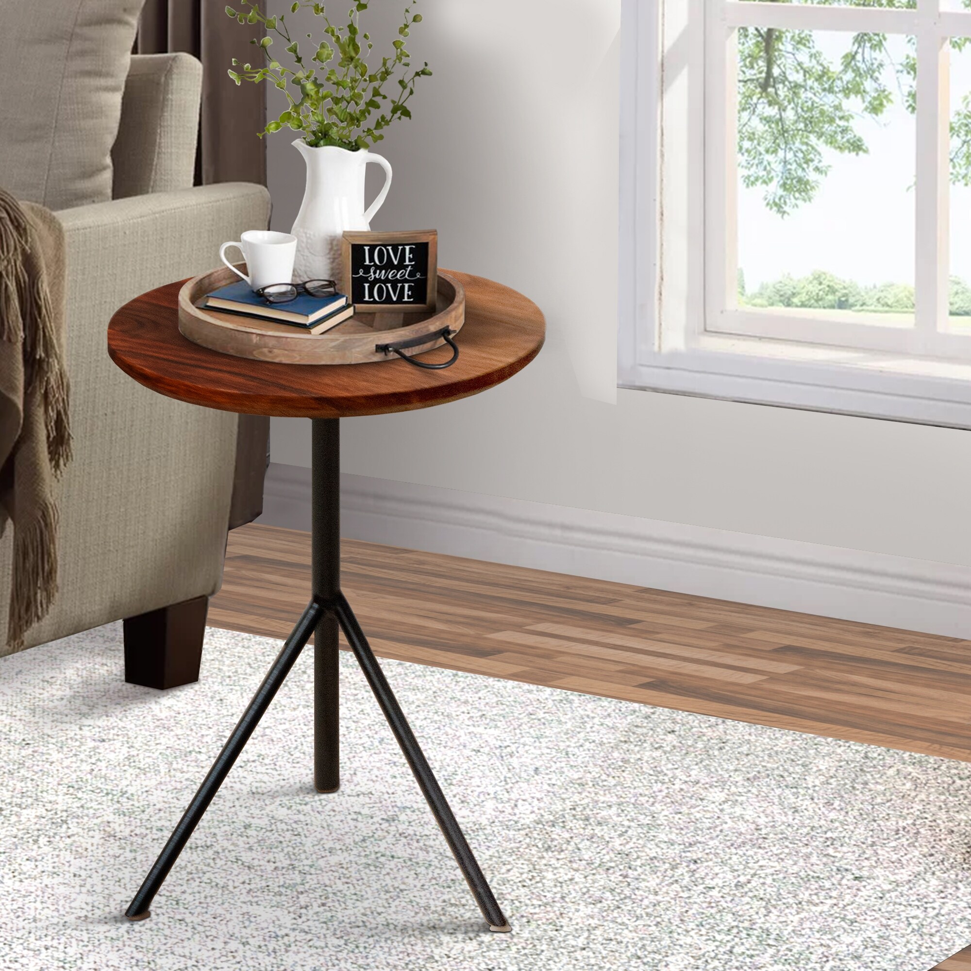 19 Inch Handcrafted Round Acacia Wood End Side Table， Sleek Tripod Metal Base， Walnut Brown， Black - Mycitystee