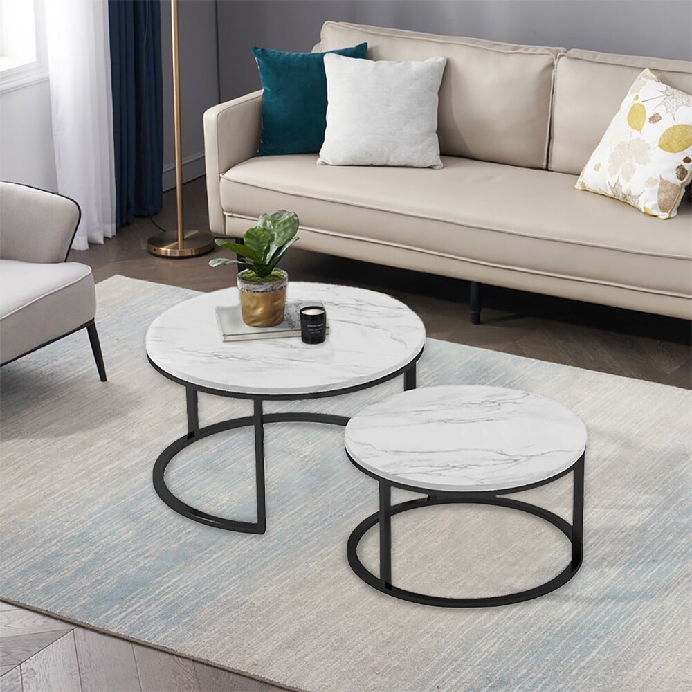 31.5 in. White Round Nesting MDF Coffee Table with Marble Color Top - Mycitystee