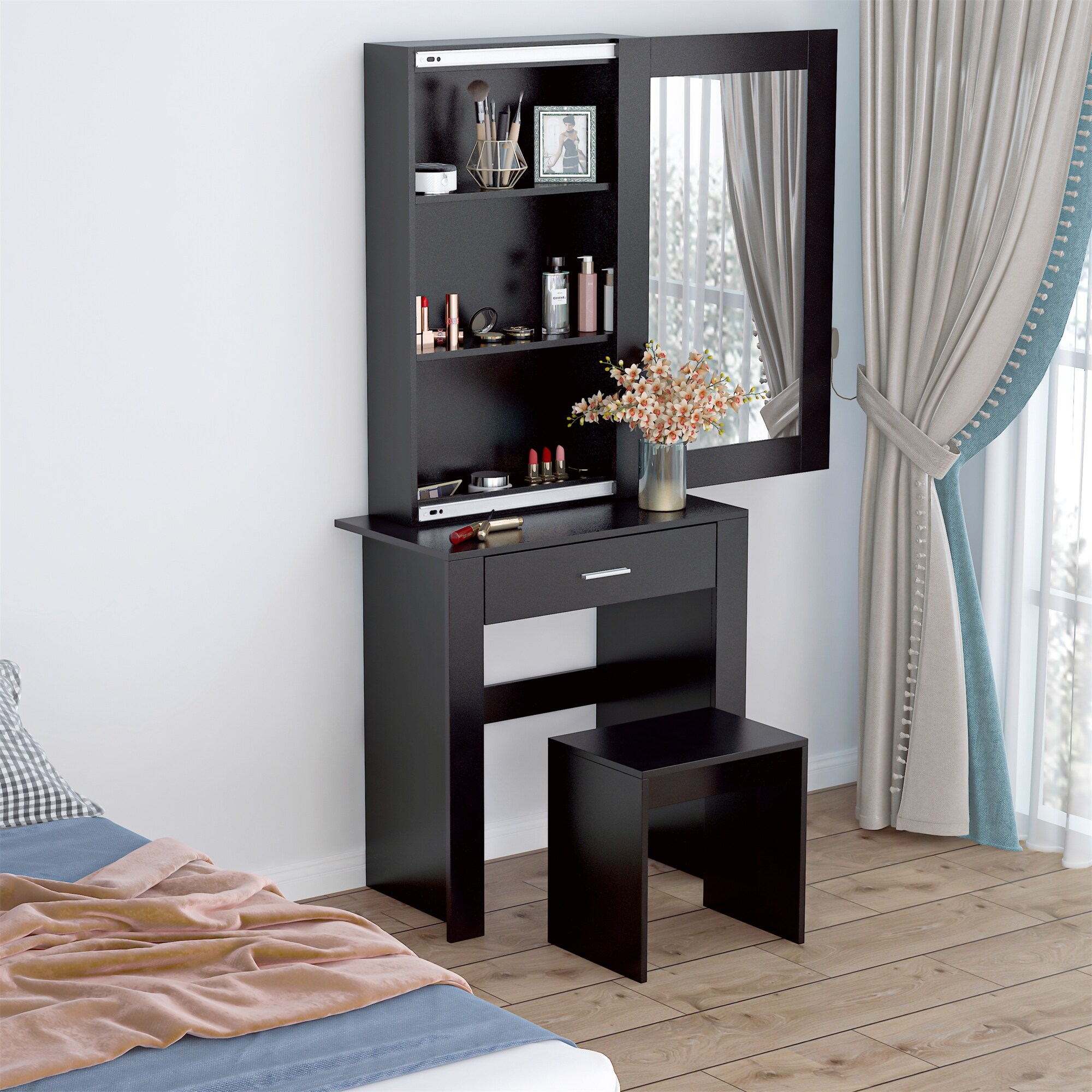 Vanity Desk with Mirror， Stool， Storage Shelves and Drawer - - 37246057 - Mycitystee