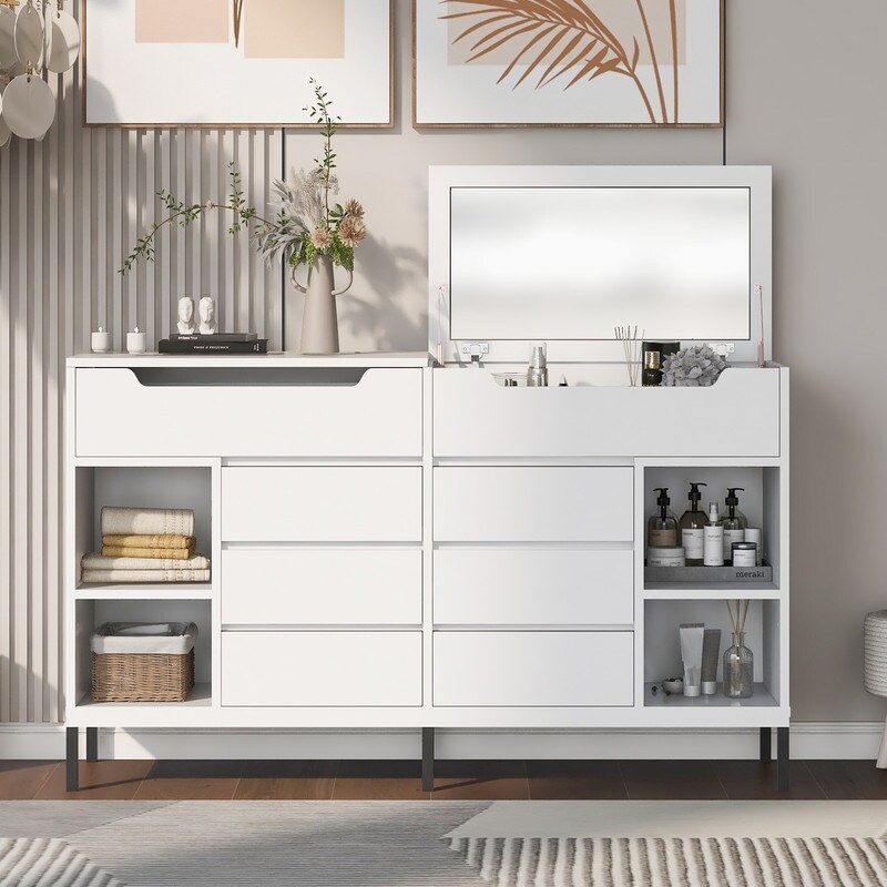 Modern Dresser with Flip Mirror and Metal Leg，Storage Cabinet with 8 Drawers and 4 Open Shleves - - 36916894 - Mycitystee
