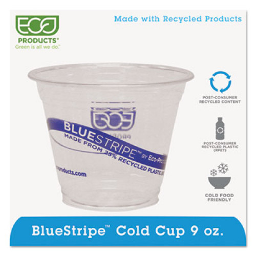 Eco-Products BlueStripe 25% Recycled Content Cold Cups， 9 oz， Clear/Blue， 50/Pack， 20 Packs/Carton (EPCR9) - Mycitystee