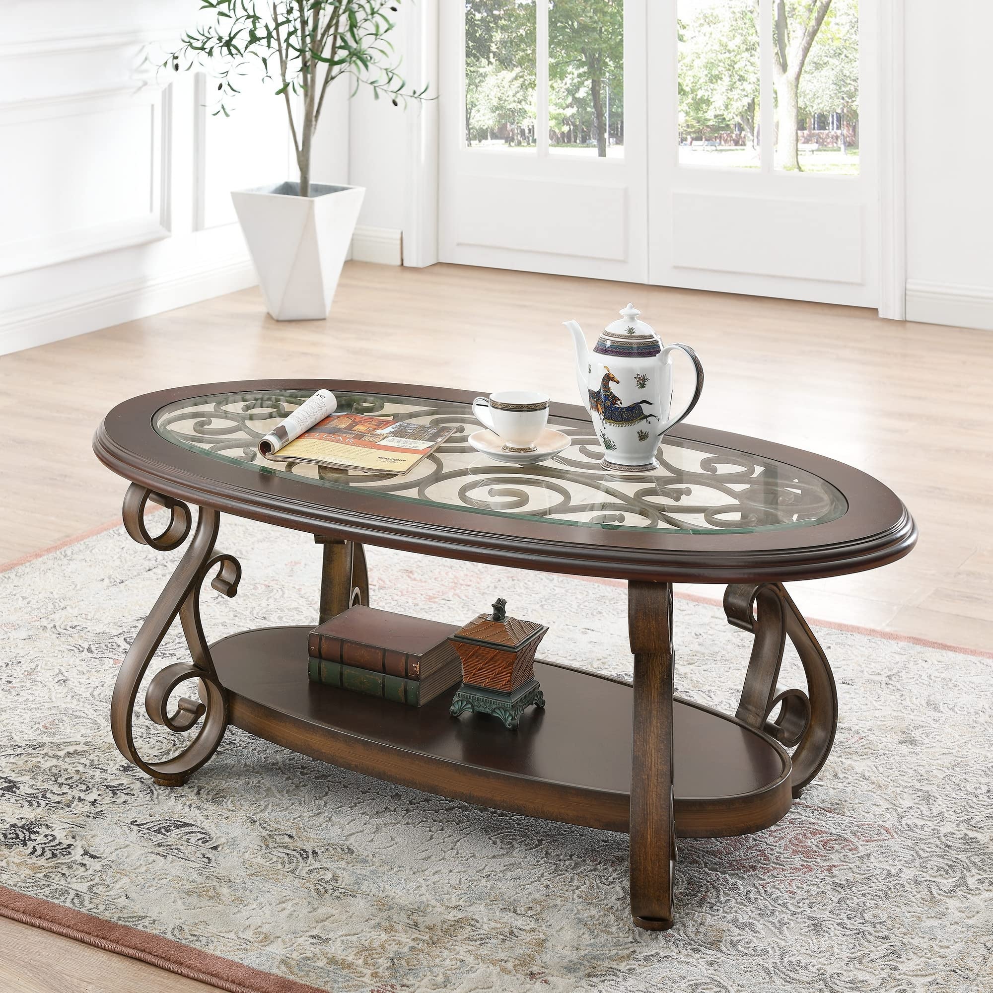 2 Tier Coffee Table Living Room Table，Vintage Cocktail Table Traditional Glass Top Square Coffee Table w/Bottom Shelf - Mycitystee