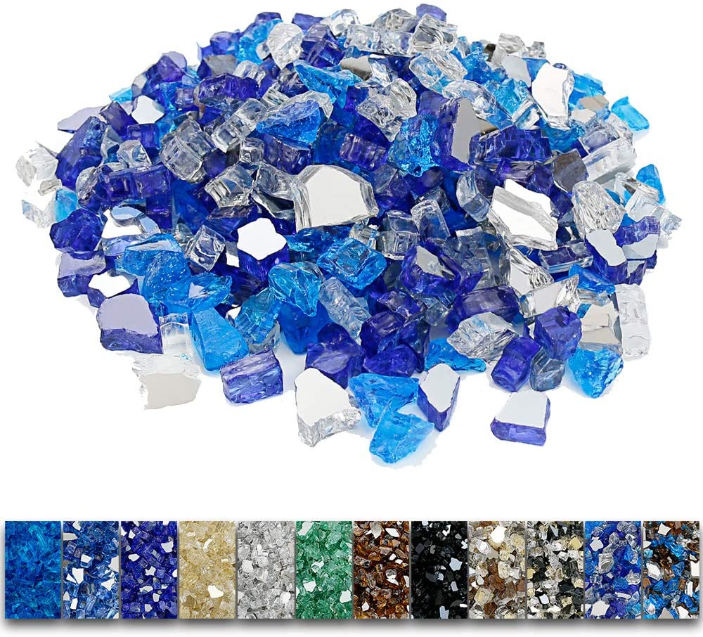 1/2'' Patio Heaters White Blue Fire Glass Reflective Tempered Fire Rocks for Fire Pits, Fireplace and Fire Bowl - Mycitystee