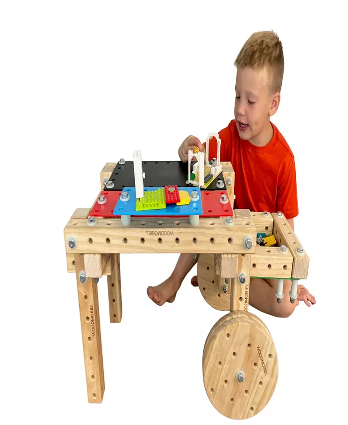 Funphix Woodmobiel by Starter Modular Construction Toy Set with 18 Wood Pieces， 2 Wheels， Real Nuts and Bolts - Mycitystee
