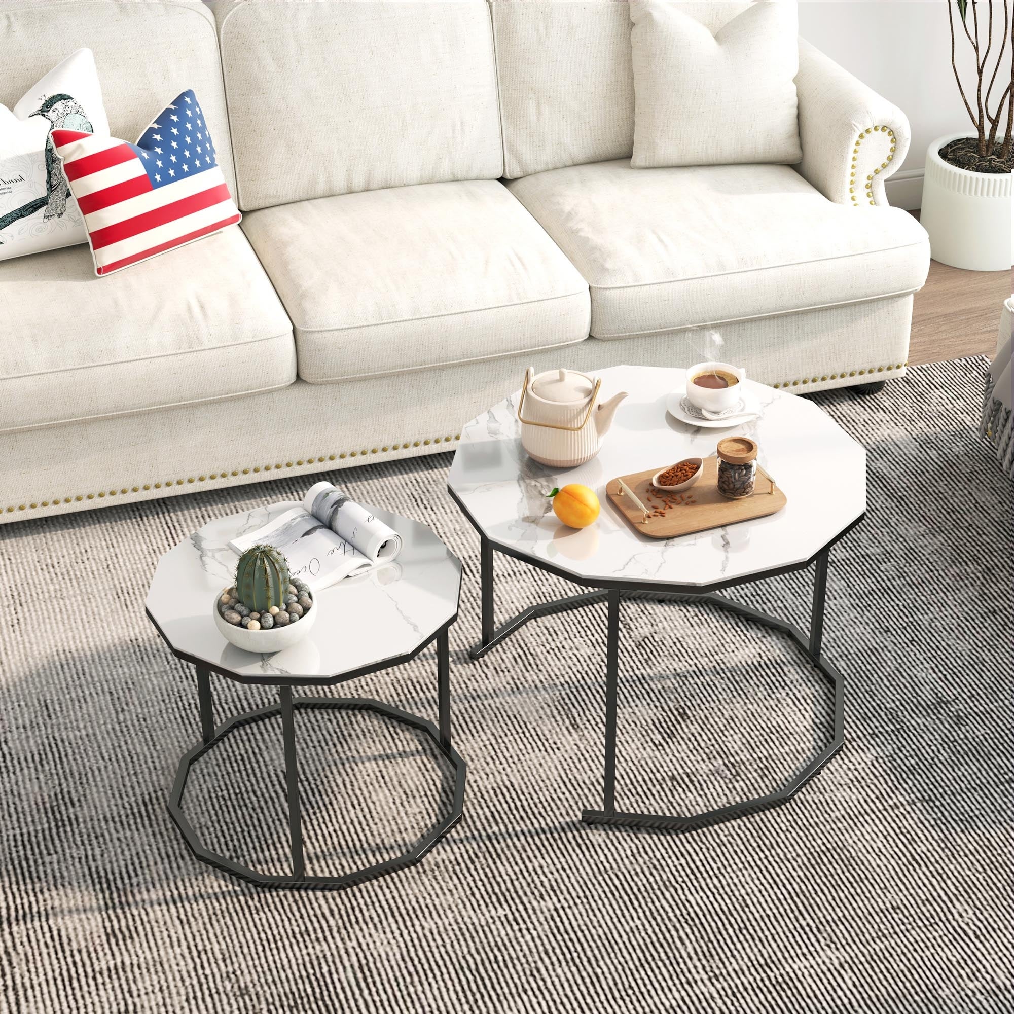 Nesting Coffee Table / End table with 12-sided Artificial Marble Top and Metal Legs - Mycitystee