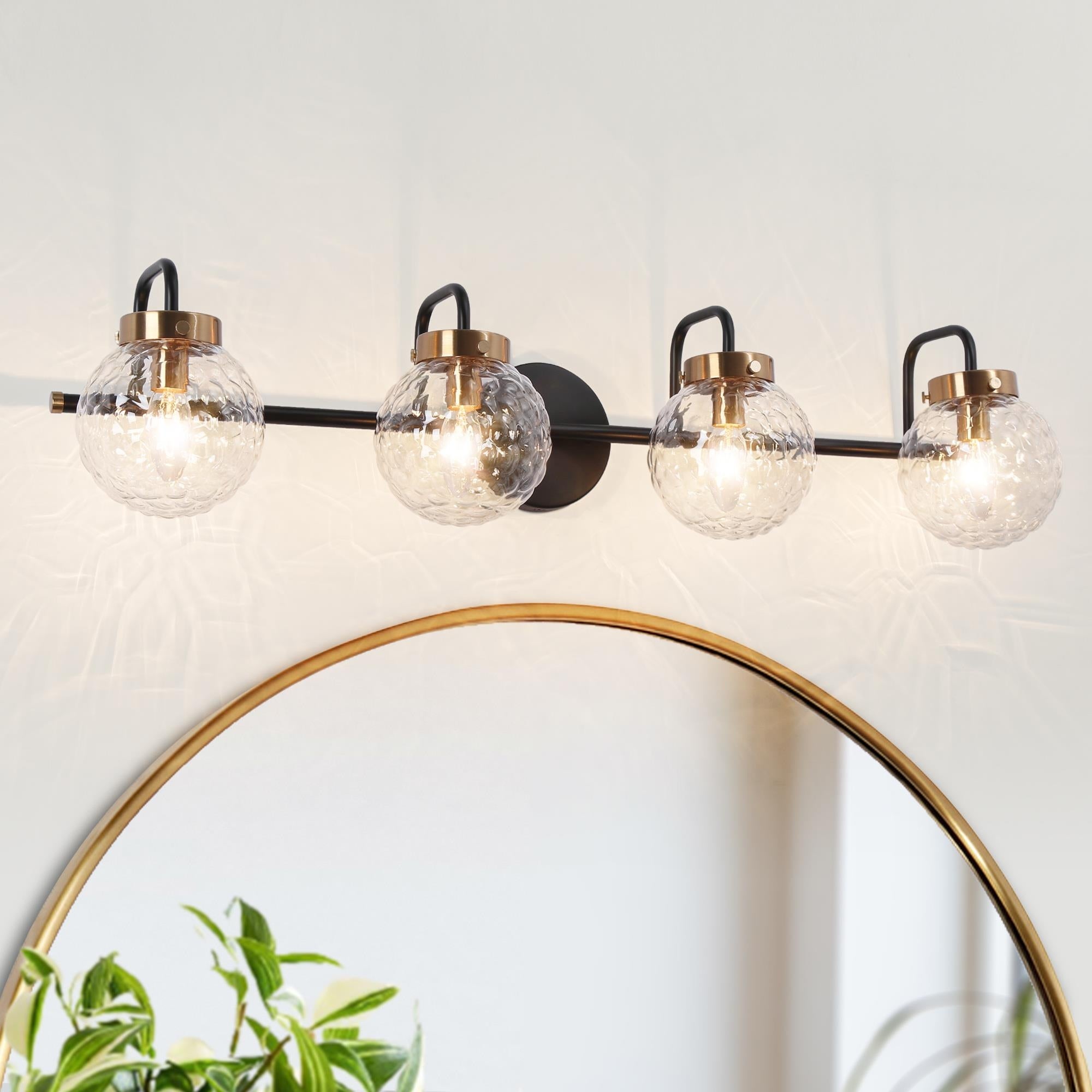 Mid-Century Modern Black Gold 4-Light Bathroom Vanity Lights Globe Glass Wall Sconces - Mycitystee