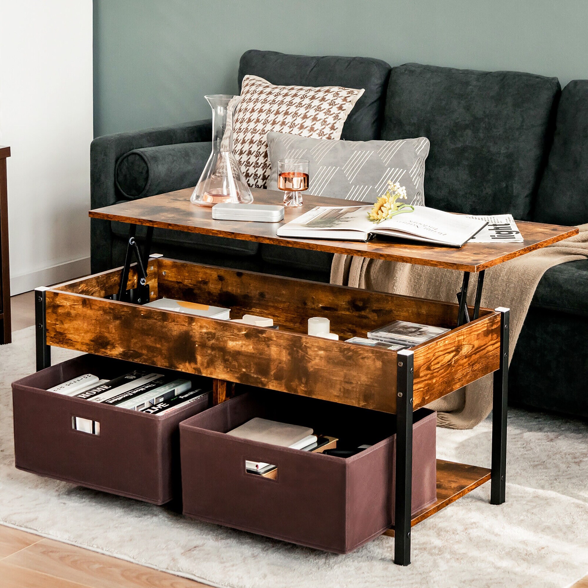 Lift Top Coffee Table Multifunctional Pop-up Central Table with Lifting Tabletop Rustic Brown - Mycitystee