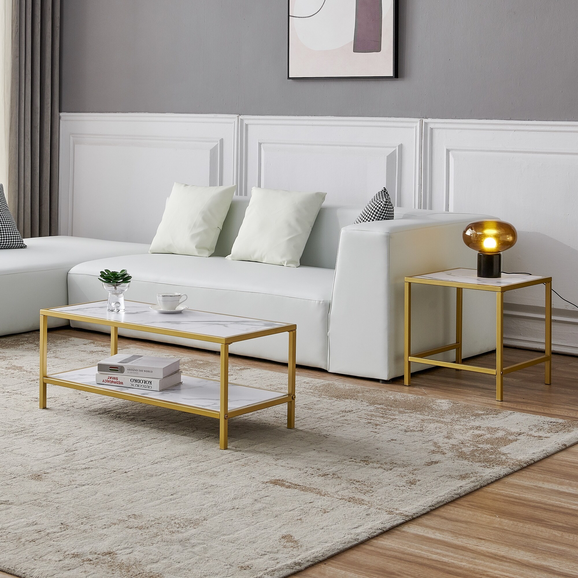 Modern Coffee Table Side Table，Gold Metal Frame with Marble Color Top - Mycitystee