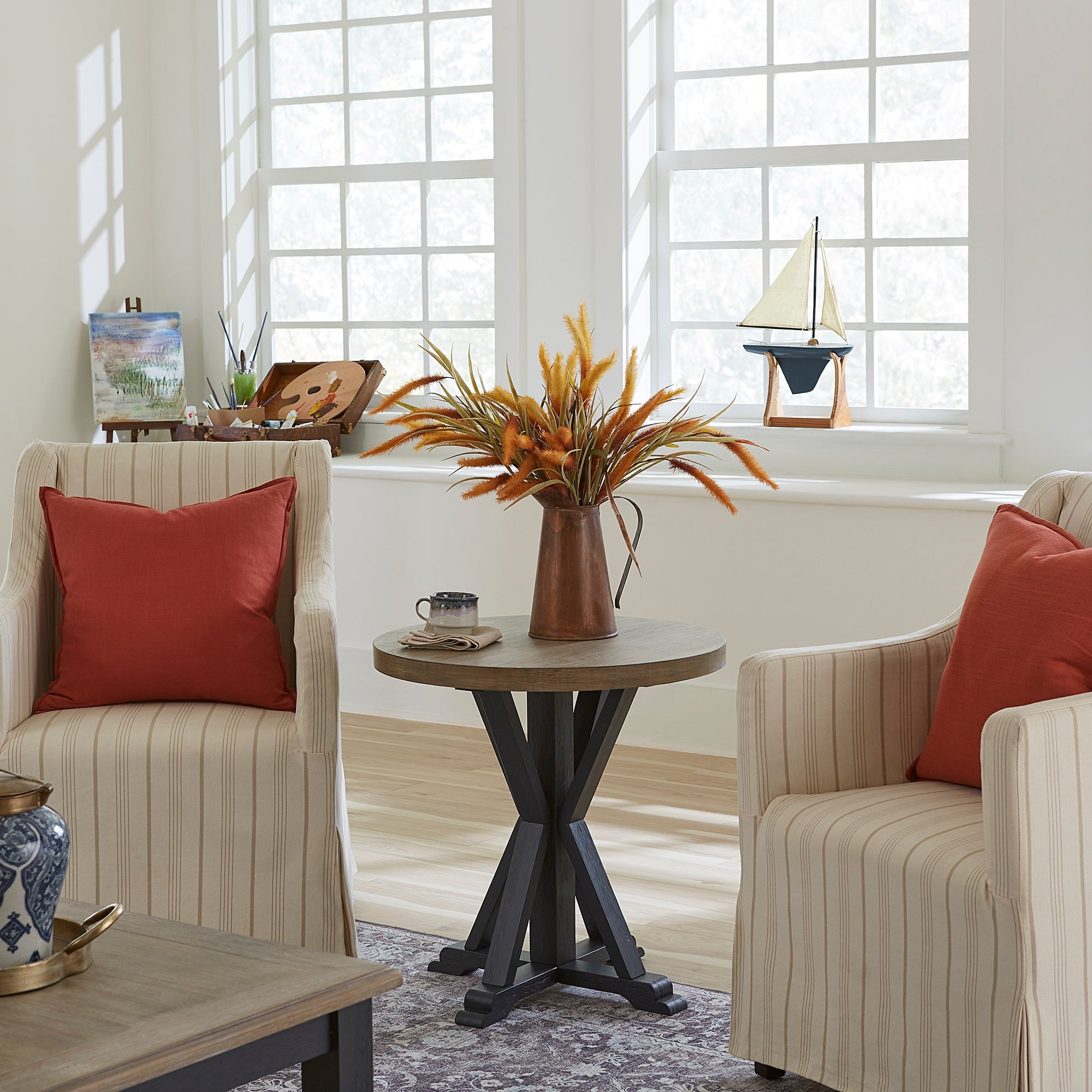 Summerville Soft White Wash Wire Brushed Gray Round End Table- Navy - Mycitystee