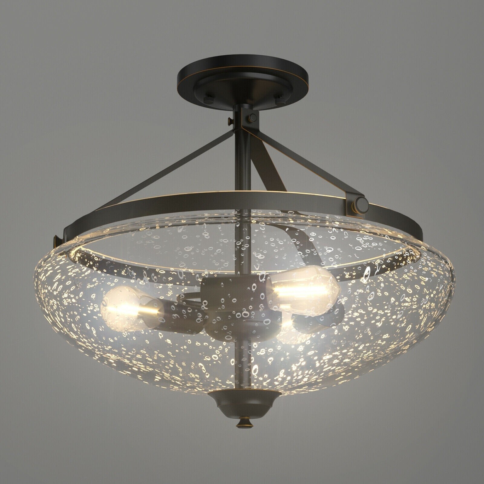3-Light Semi Flush Industrial Seeded Glass Mount Ceiling Lamp - 15.4