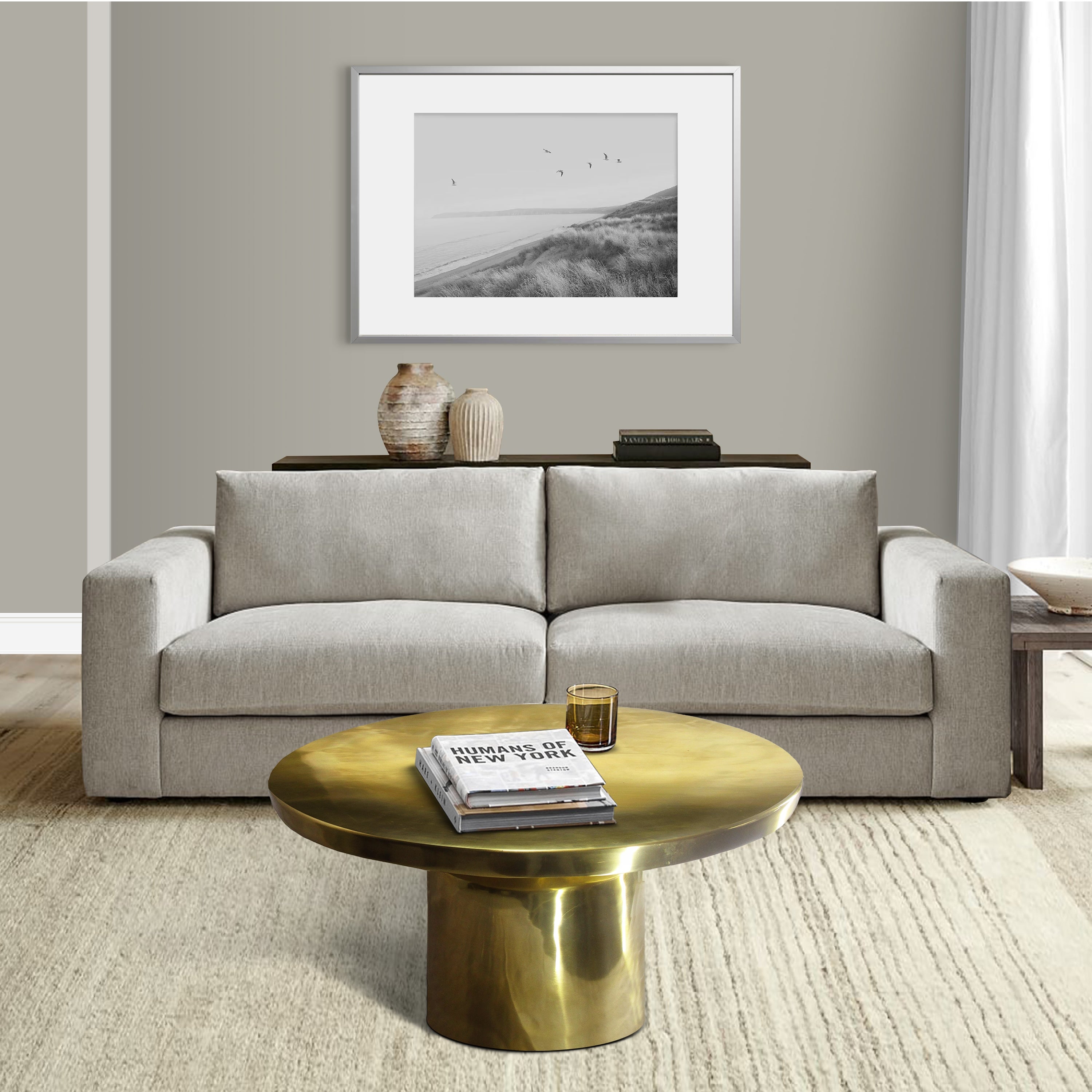 Zoe 30 Inch Modern Classic Round Metal Coffee Table with Pedestal Base， Glossy Gold Brass - Mycitystee