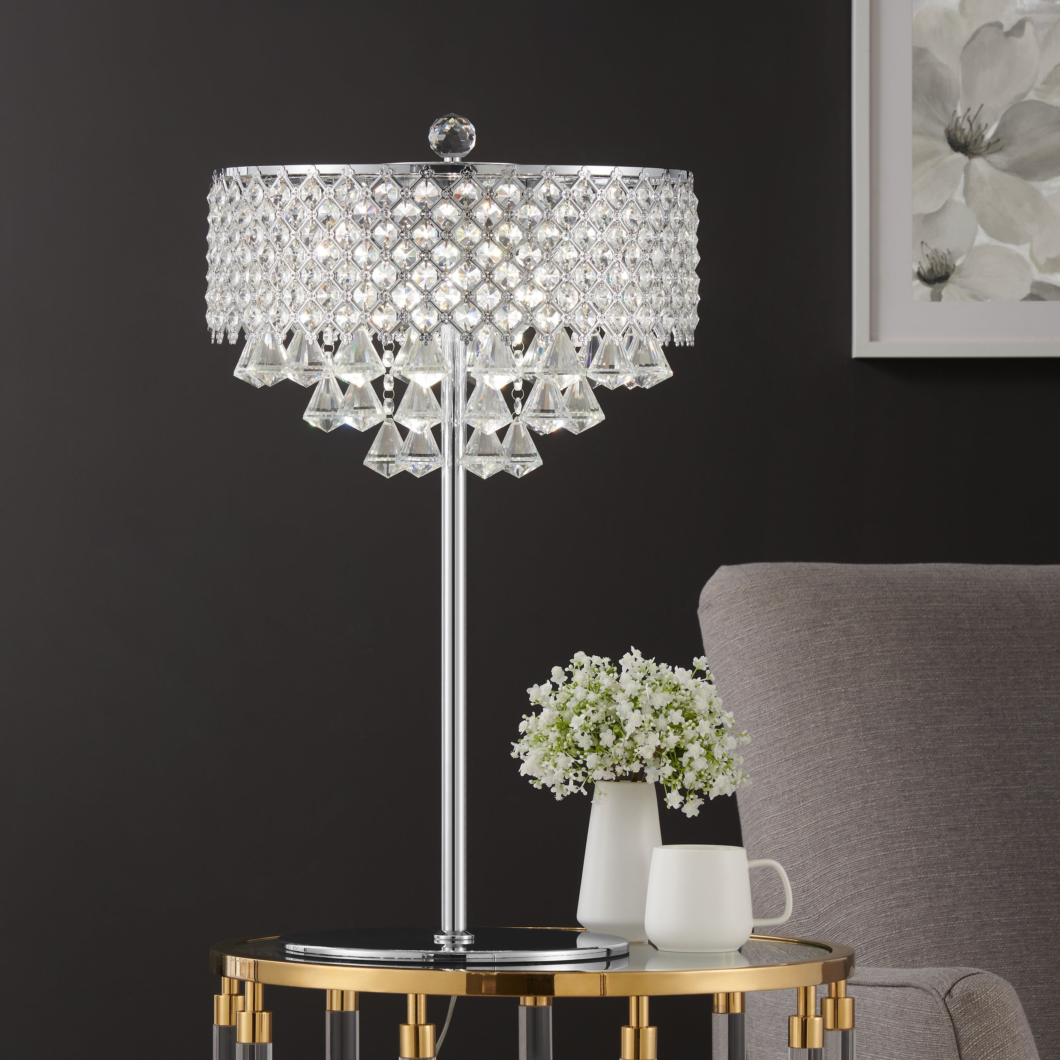 Finesse Decor Grand Chrome Encased Crystals Silver Table Lamp - Mycitystee