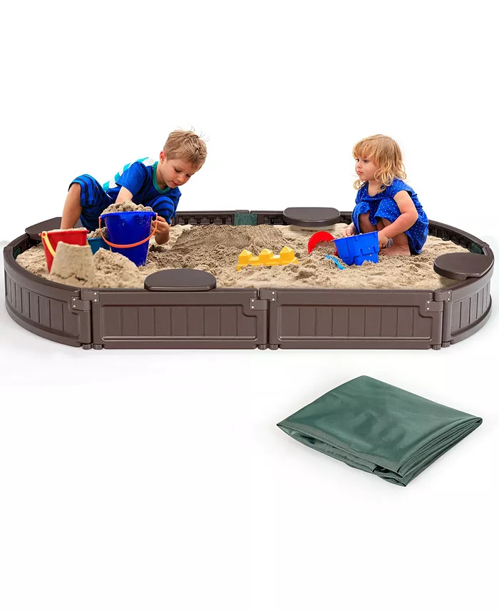 Costway 6F Wooden Sandbox w Built-in Corner Seat， Cover， Bottom Liner for Outdoor Play - Mycitystee