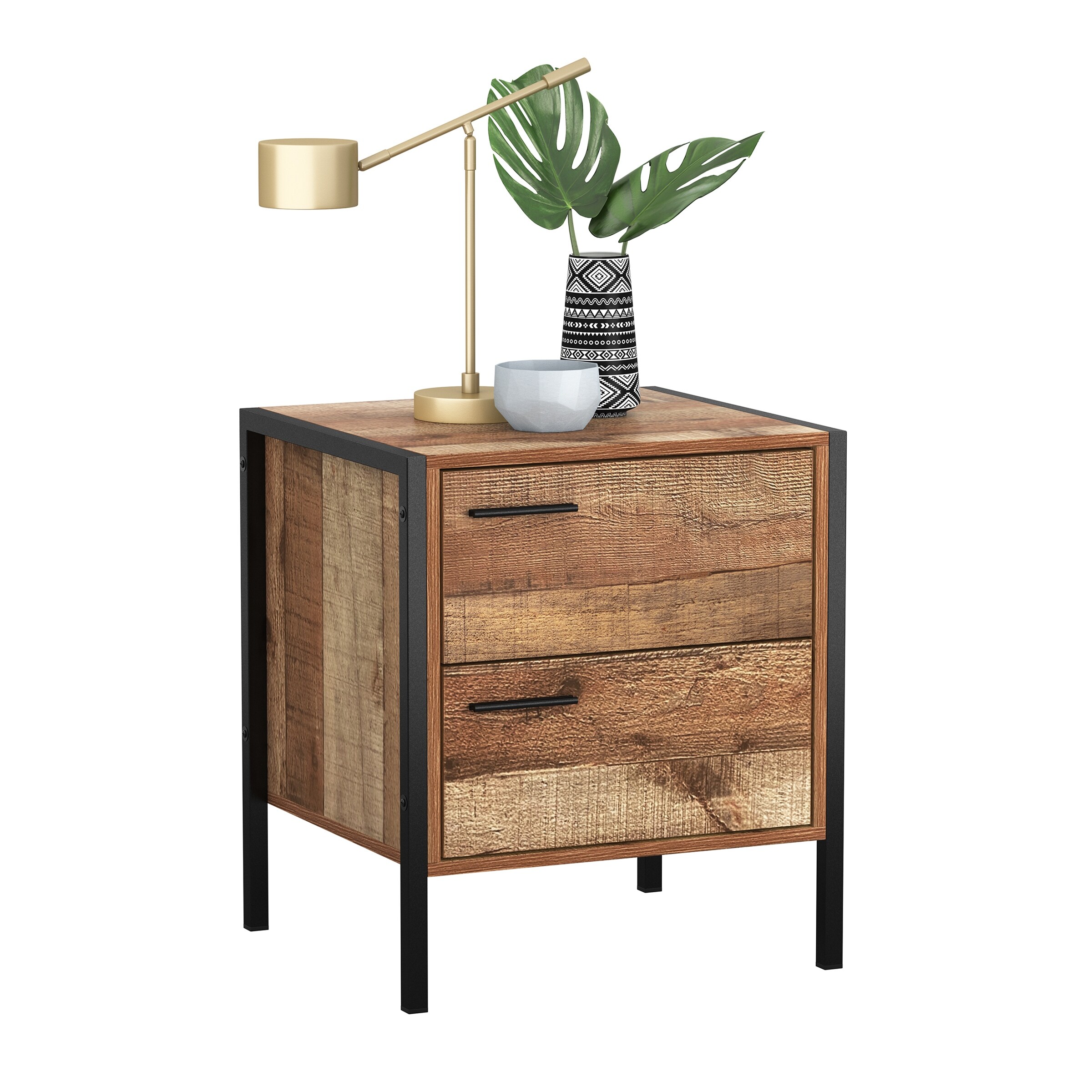Industrial End Table with 2 Drawers and Metal Frame for Foyer， Den， Bedroom， or Living Room， original Wood Texture - Mycitystee