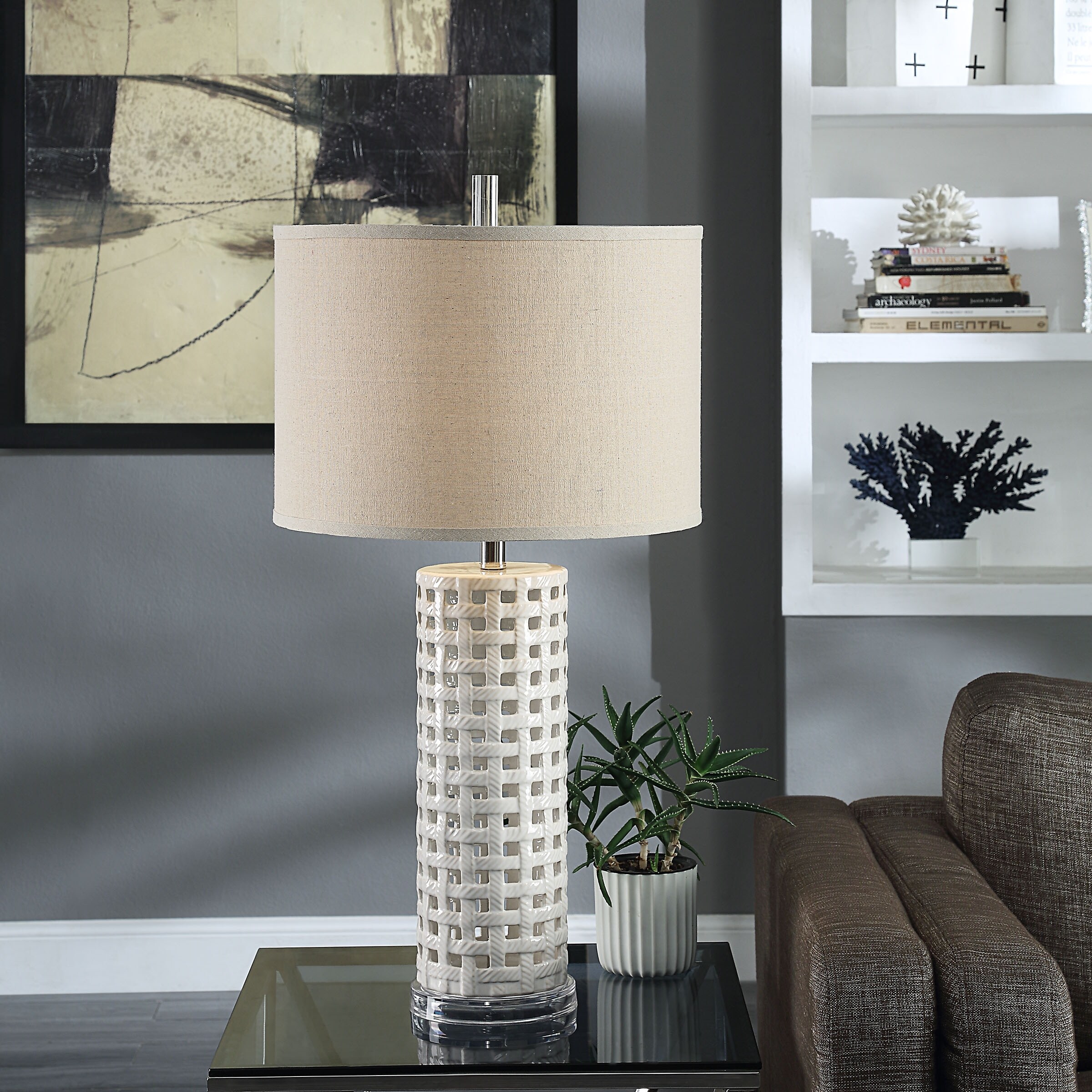 StyleCraft Luxemburg White Glaze Ceramic Table Lamp - Beige Hardback Fabric Shade - Mycitystee