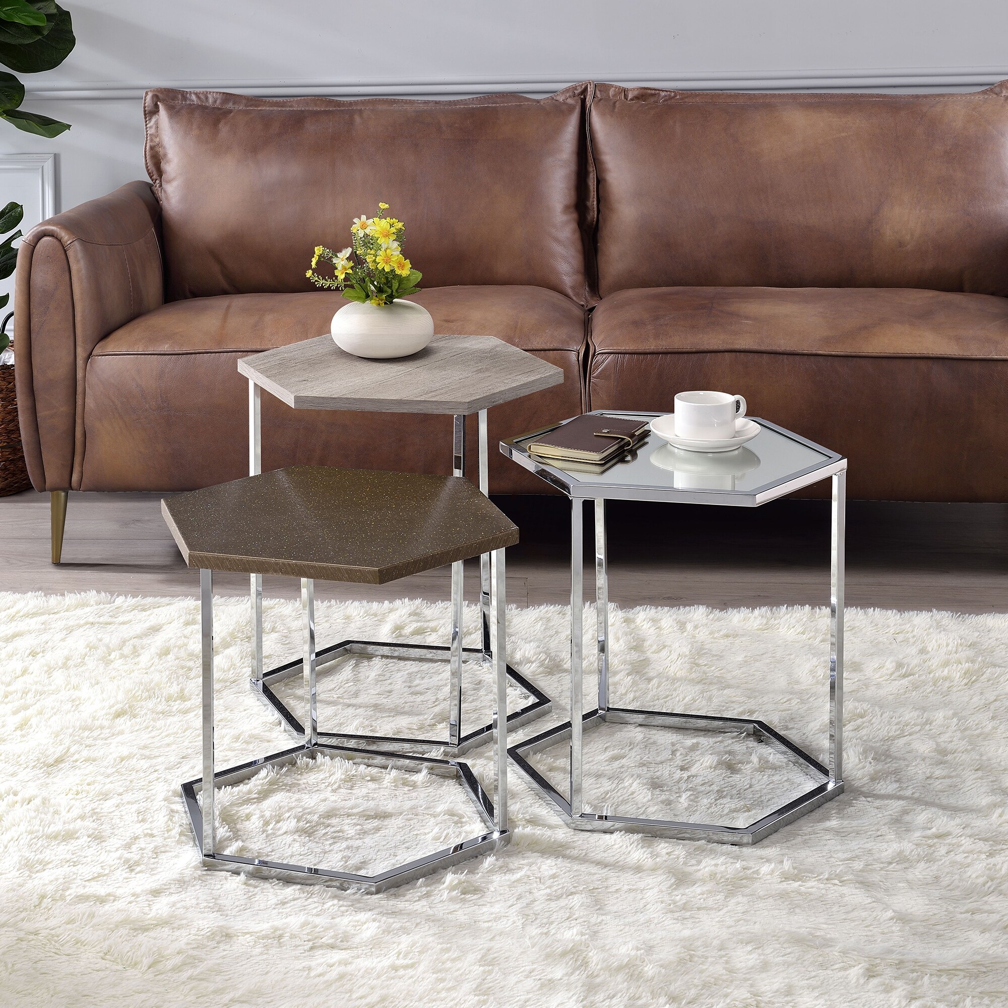 Hexagonal Nesting Coffee Table Metal Frame Tea Table Set of 3 - Mycitystee