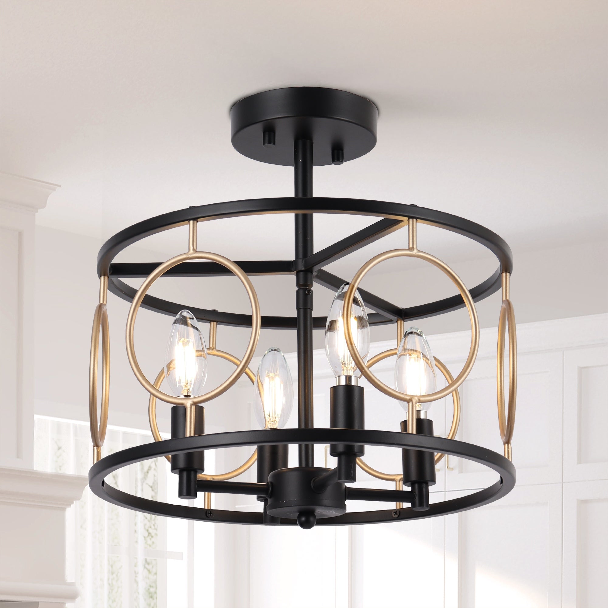 Modern Farmhouse 4-light Drum Semi-flush Mount Black Gold Metal Cage Foyer Ceiling Lights - D 13