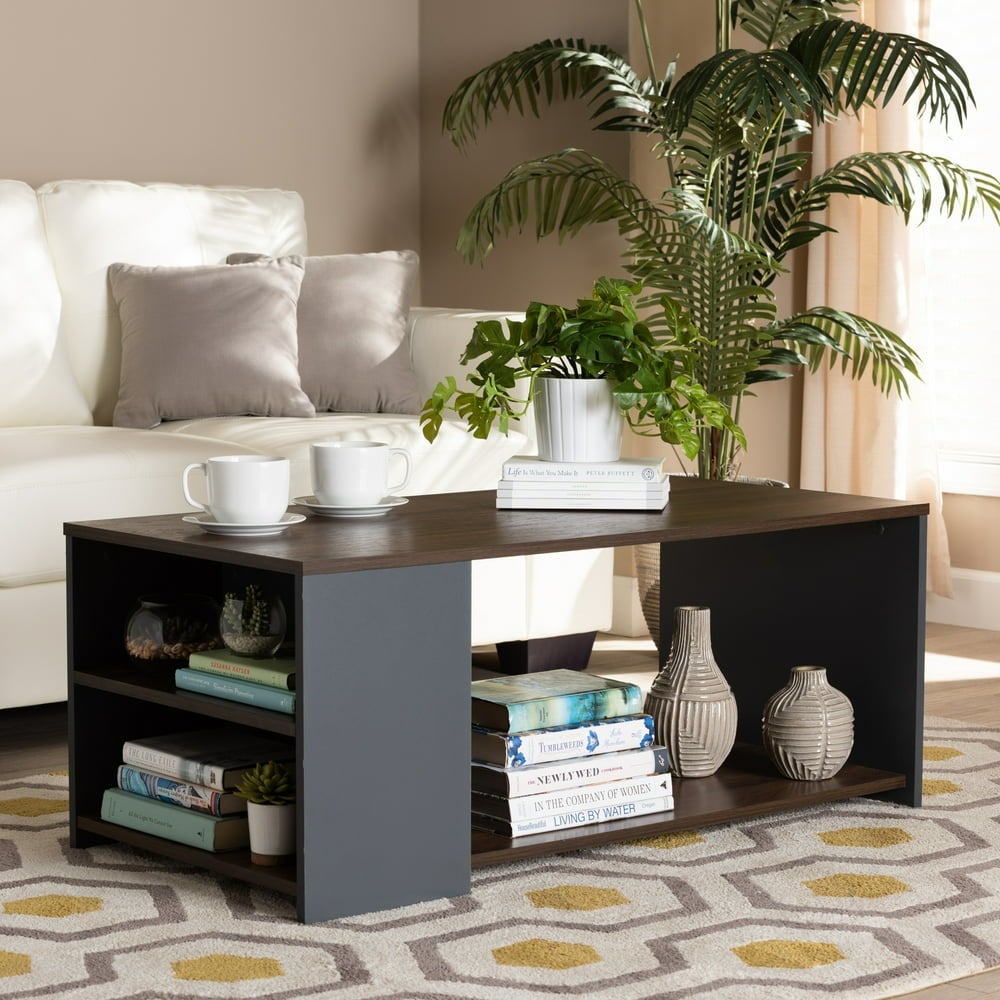 Modern MDF Coffee Table with Storage， Walnut Brown/Gray - Mycitystee