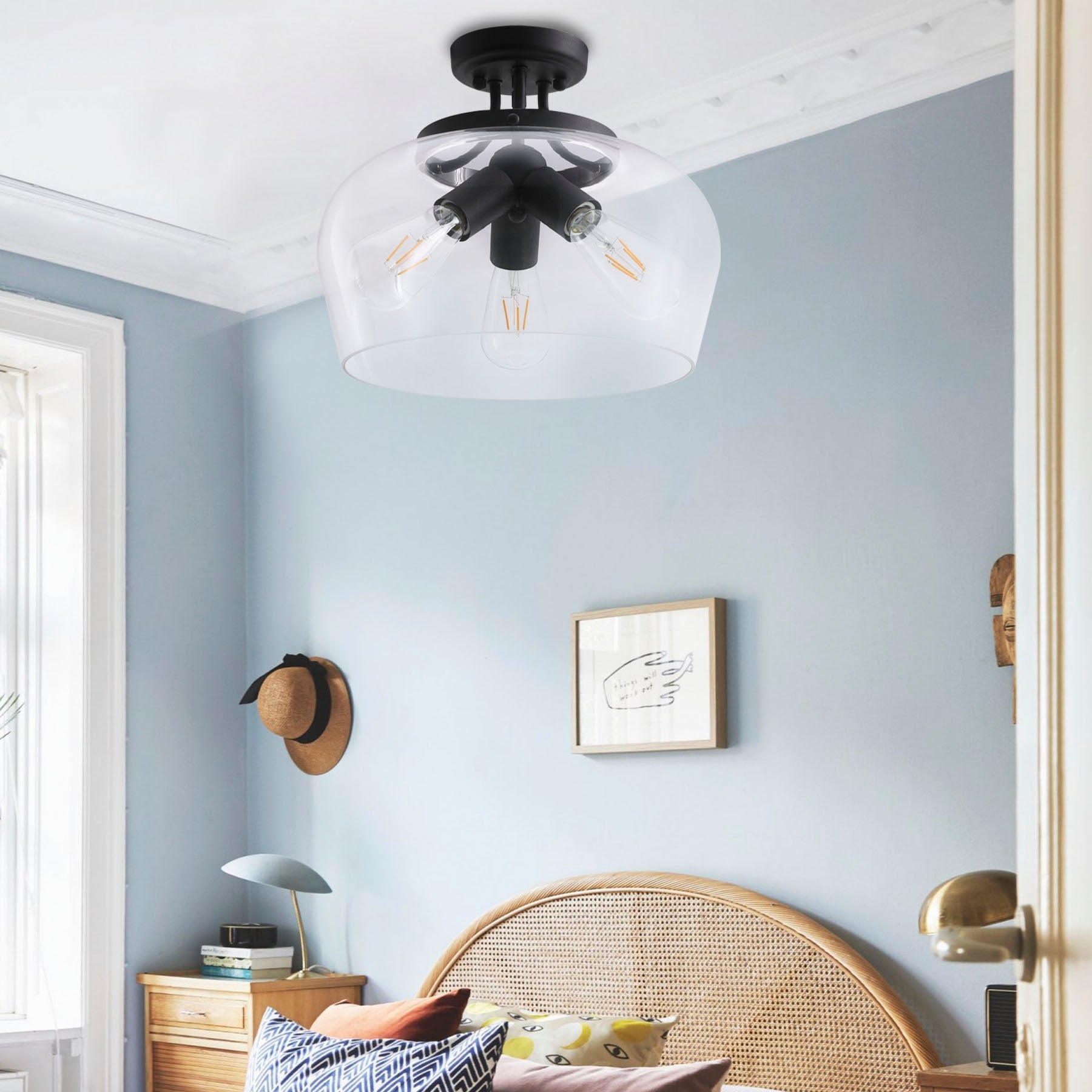 CO-Z 3-Light Matte Black Clear Glass Semi Flush Mount Ceiling Light - Mycitystee