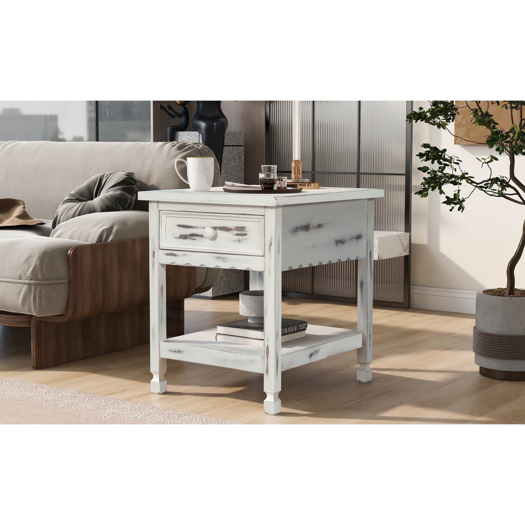 Classical BlackandWhite End Table with Open Styled Shelf Large Storage Space，Side Table Drawer with Metal Handles for Living Room - Mycitystee