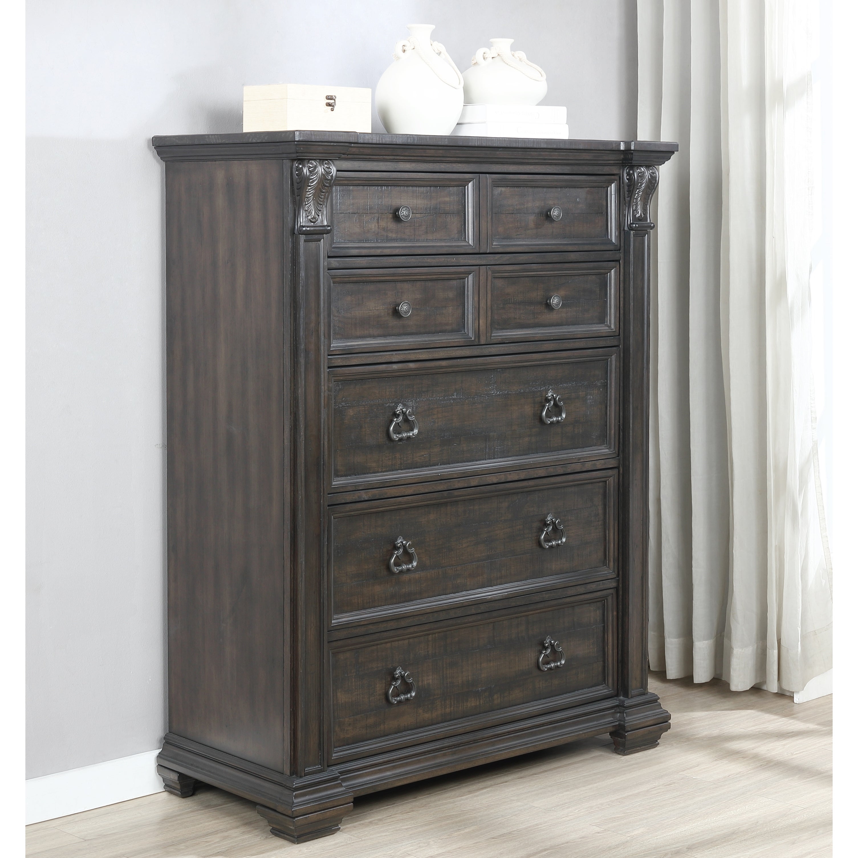 Roundhill Furniture Farson Distressed Dark Walnut Finish Wood 5-Drawer Chest - - 33084960 - Mycitystee