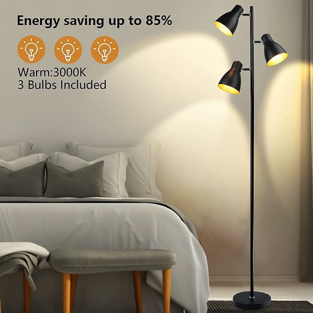 Black Tree Floor Lamps 3-Light LED Floor Lamp Reading Light，Farmhouse Adjustable Tall Pole Lamps，Bulbs Included E26 Base - Mycitystee